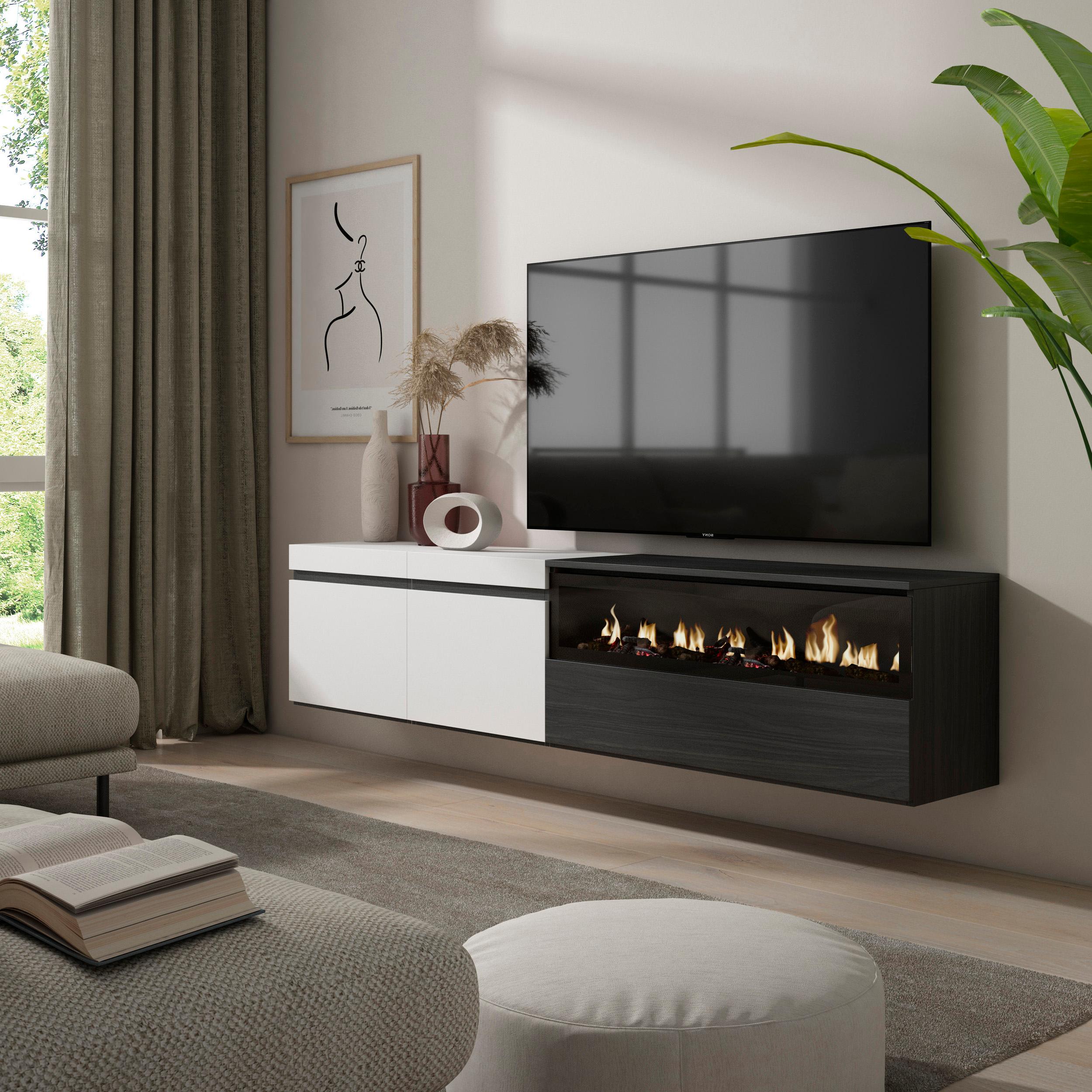 foto del prodotto mobile tv, 200x35x45cm, soggiorno, per tv fino a 80 quot , camino elettrico, da appendere, bianco e nero rf2177