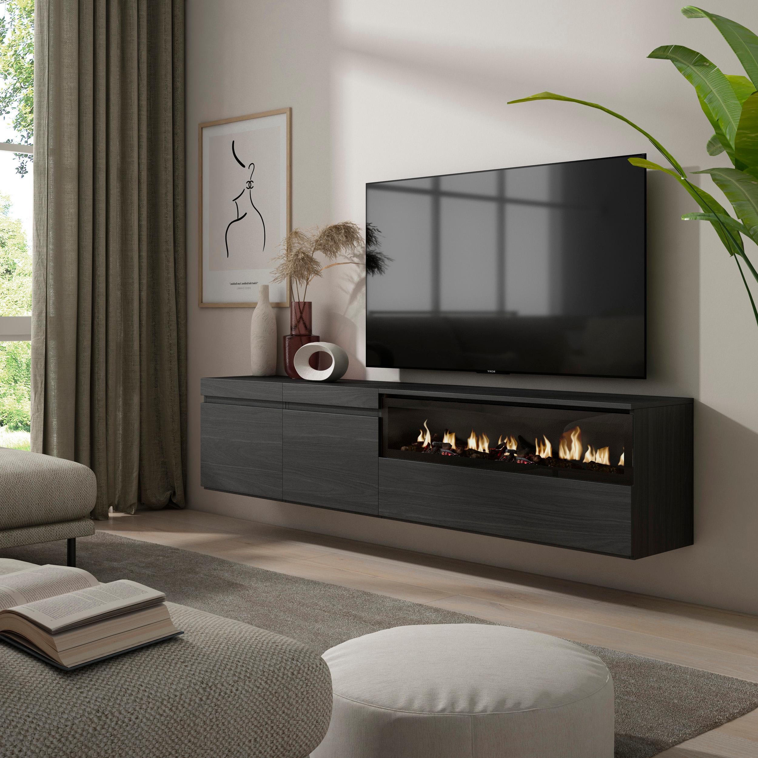 foto del prodotto mobile tv, 200x35x45cm, soggiorno, per tv fino a 80 quot , camino elettrico, da appendere, nero rf2195