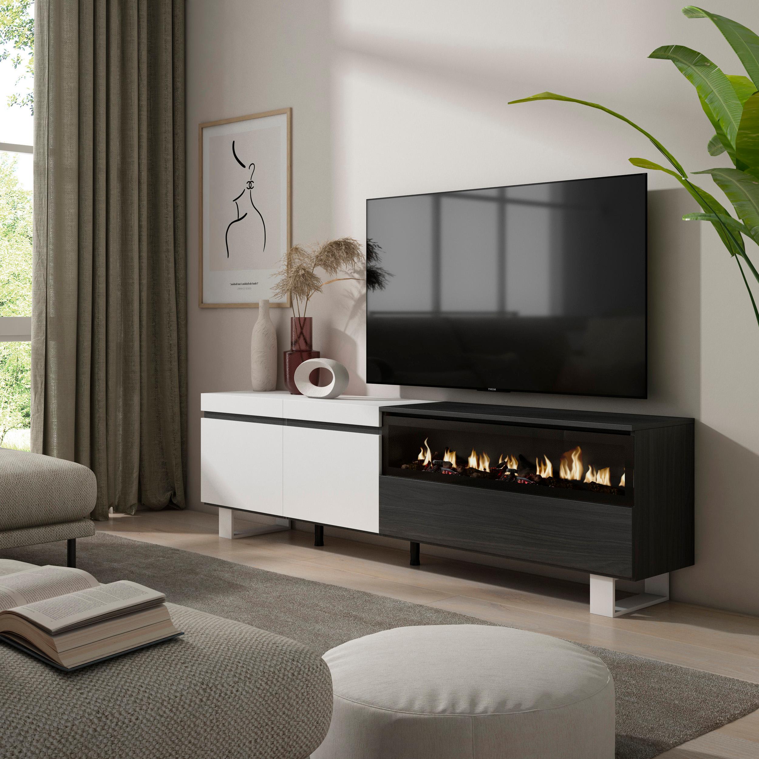 foto del prodotto mobile tv, 200x35x57cm, soggiorno, per tv fino a 80, camino elettrico, design industriale, bianco e nero rf2176