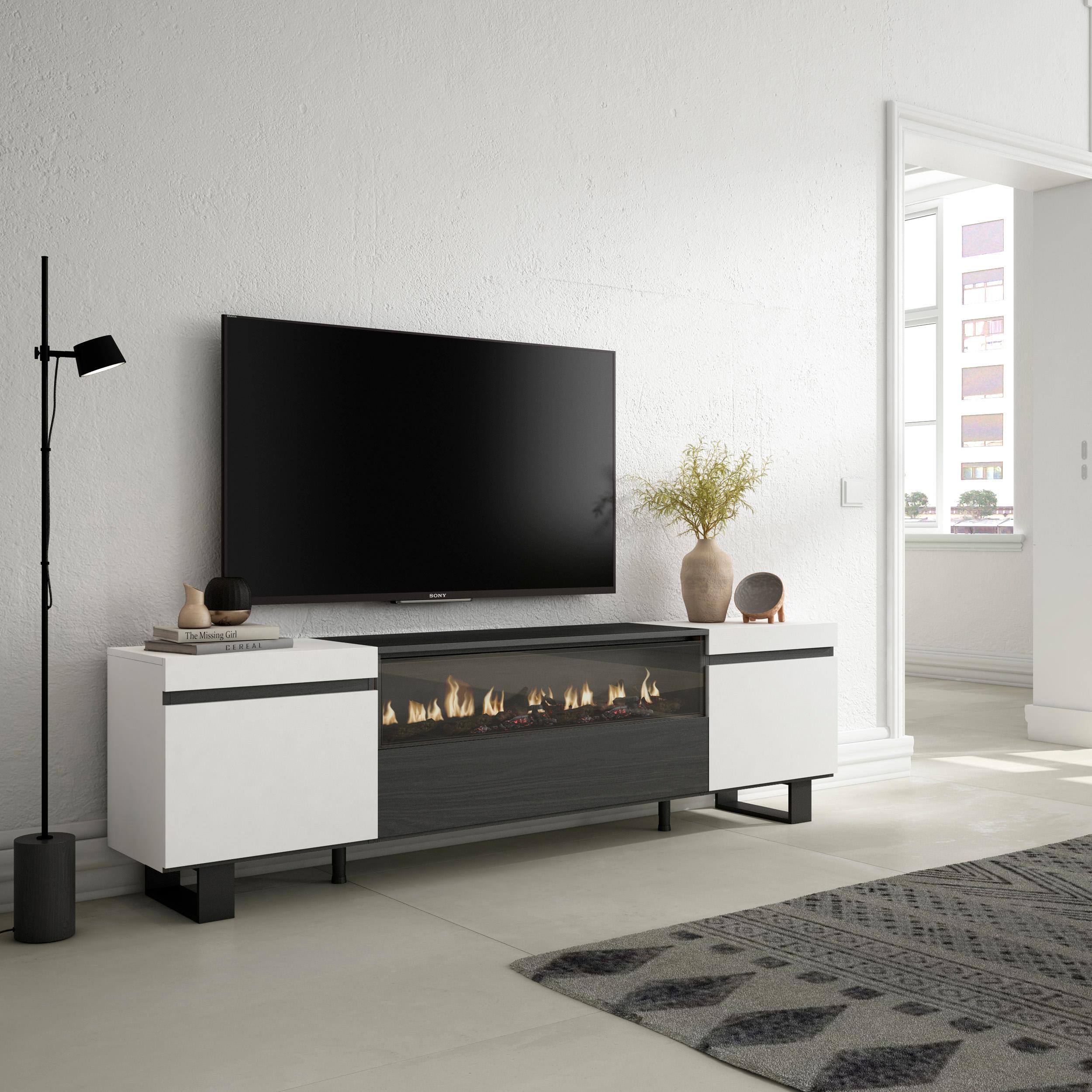foto del prodotto mobile tv, 200x35x57cm, soggiorno, per tv fino a 80, camino elettrico, design industriale, bianco e nero rf2206