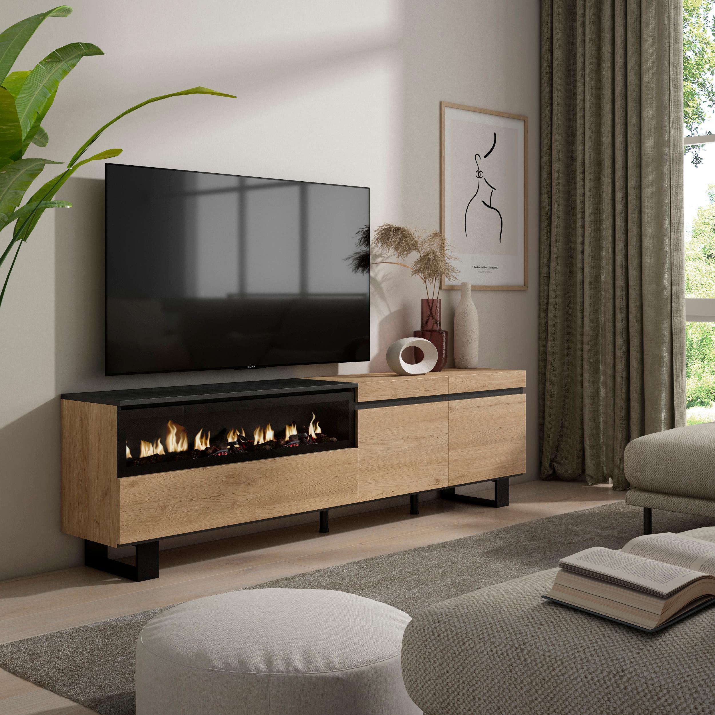 foto del prodotto mobile tv, 200x35x57cm, soggiorno, per tv fino a 80, camino elettrico, design industriale, colore rovere e nero rf2146