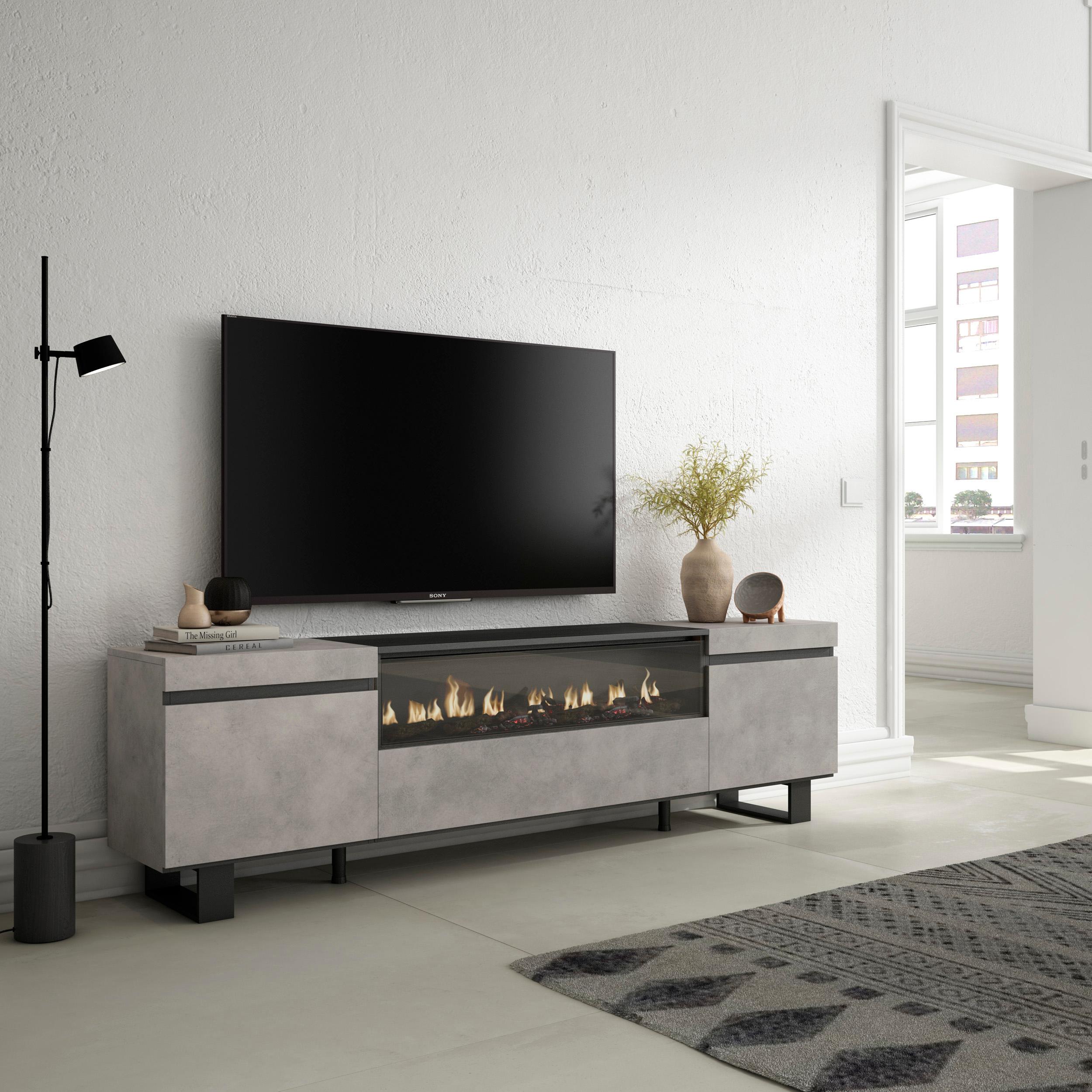 foto del prodotto mobile tv, 200x35x57cm, soggiorno, per tv fino a 80, camino elettrico, design industriale, grigio cemento rf2224