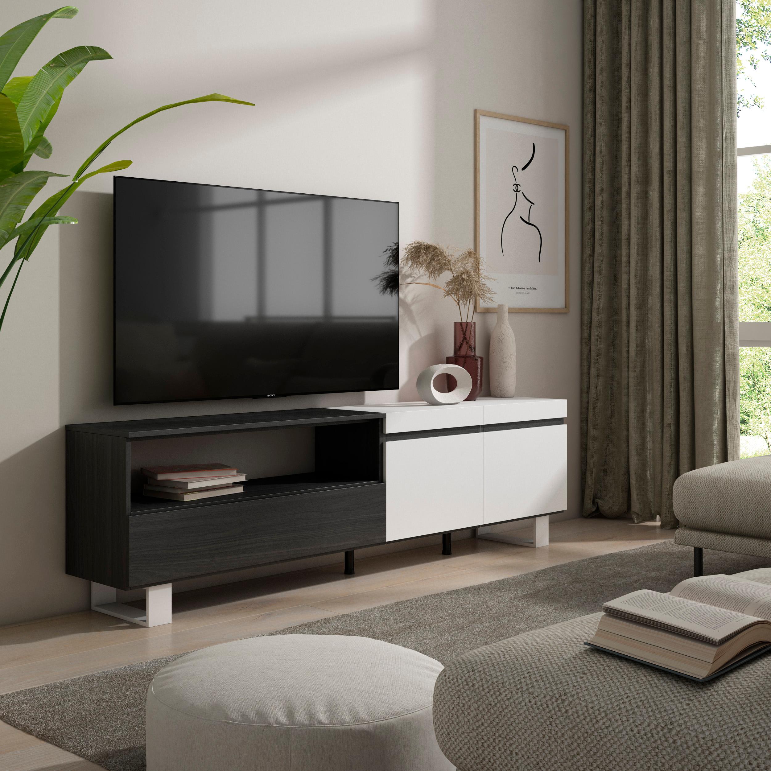 foto del prodotto mobile tv, 200x35x57cm, soggiorno, per tv fino a 80 , design industriale, bianco e nero rf2161