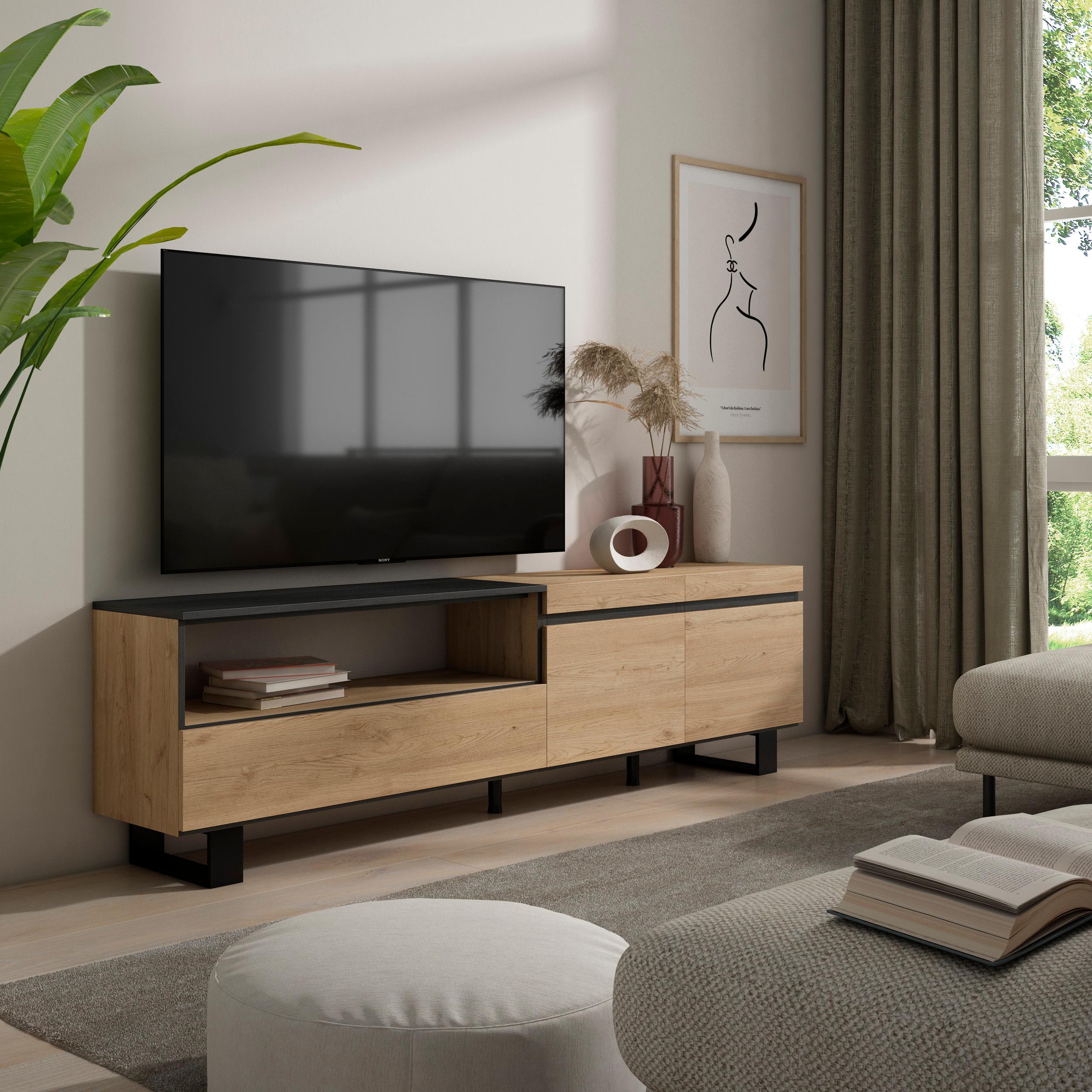 foto del prodotto mobile tv, 200x35x57cm, soggiorno, per tv fino a 80, design industriale, colore rovere e nero rf2143