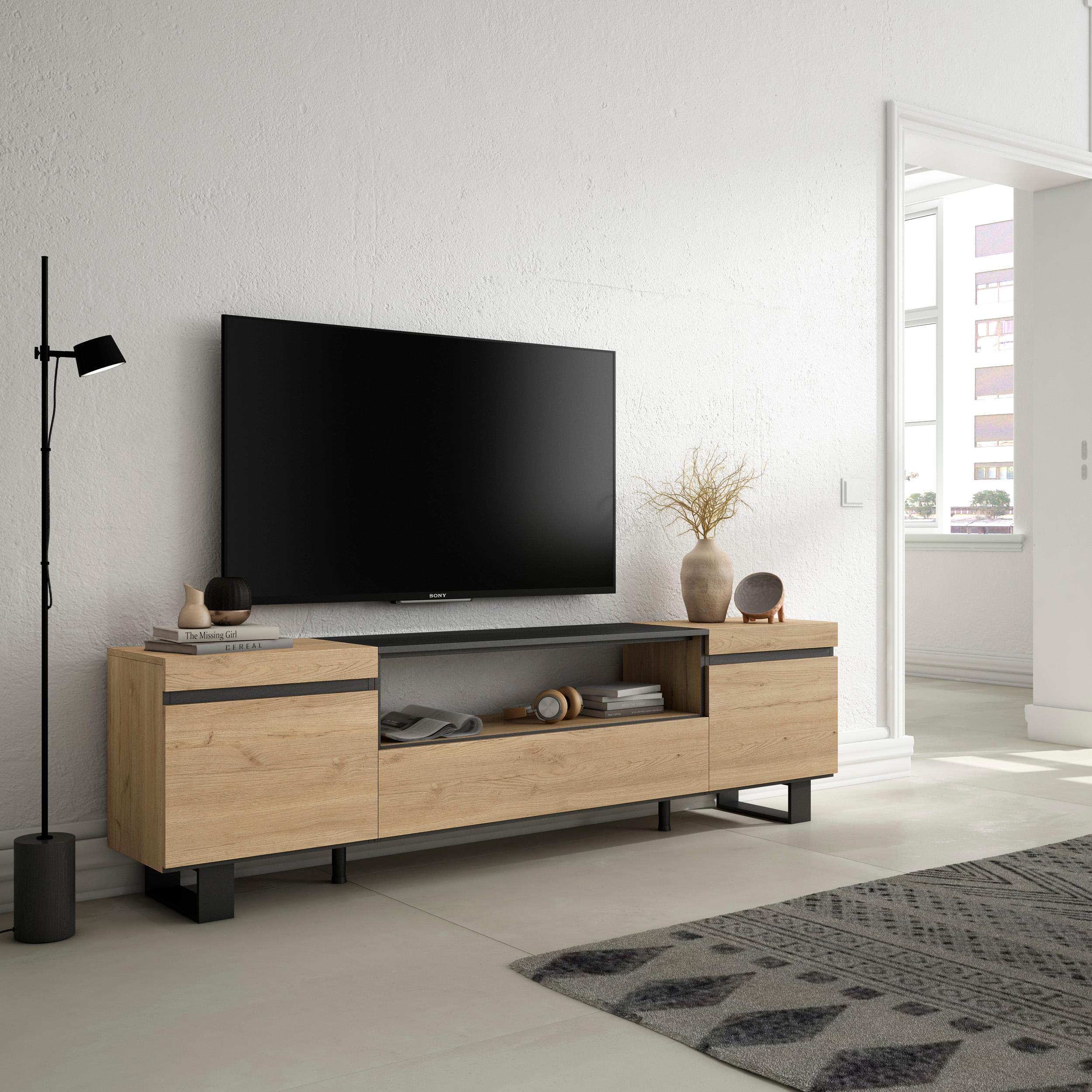 foto del prodotto mobile tv, 200x35x57cm, soggiorno, per tv fino a 80, design industriale, colore rovere e nero rf2149