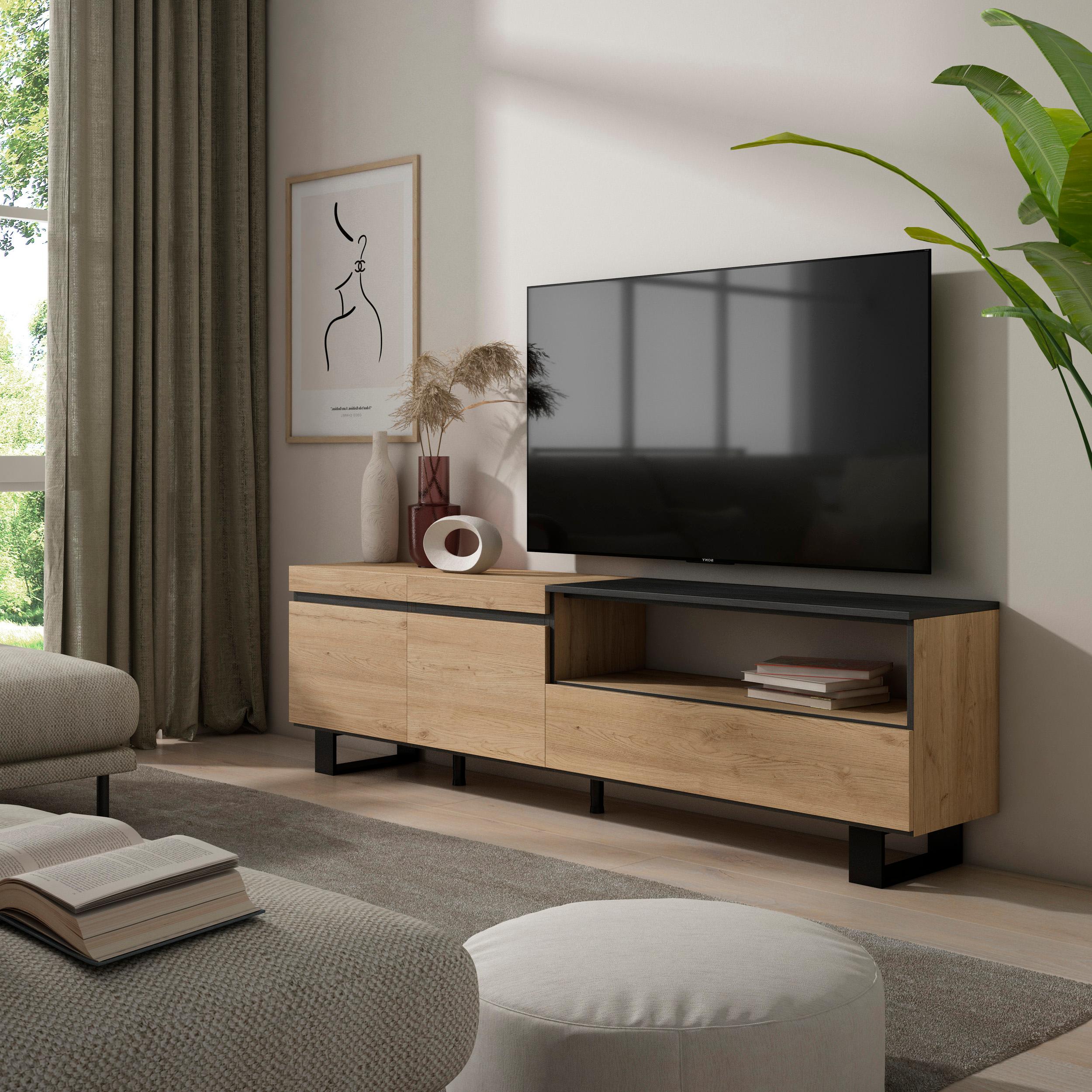 foto del prodotto mobile tv, 200x35x57cm, soggiorno, per tv fino a 80, design industriale, colore rovere e nero rf2155