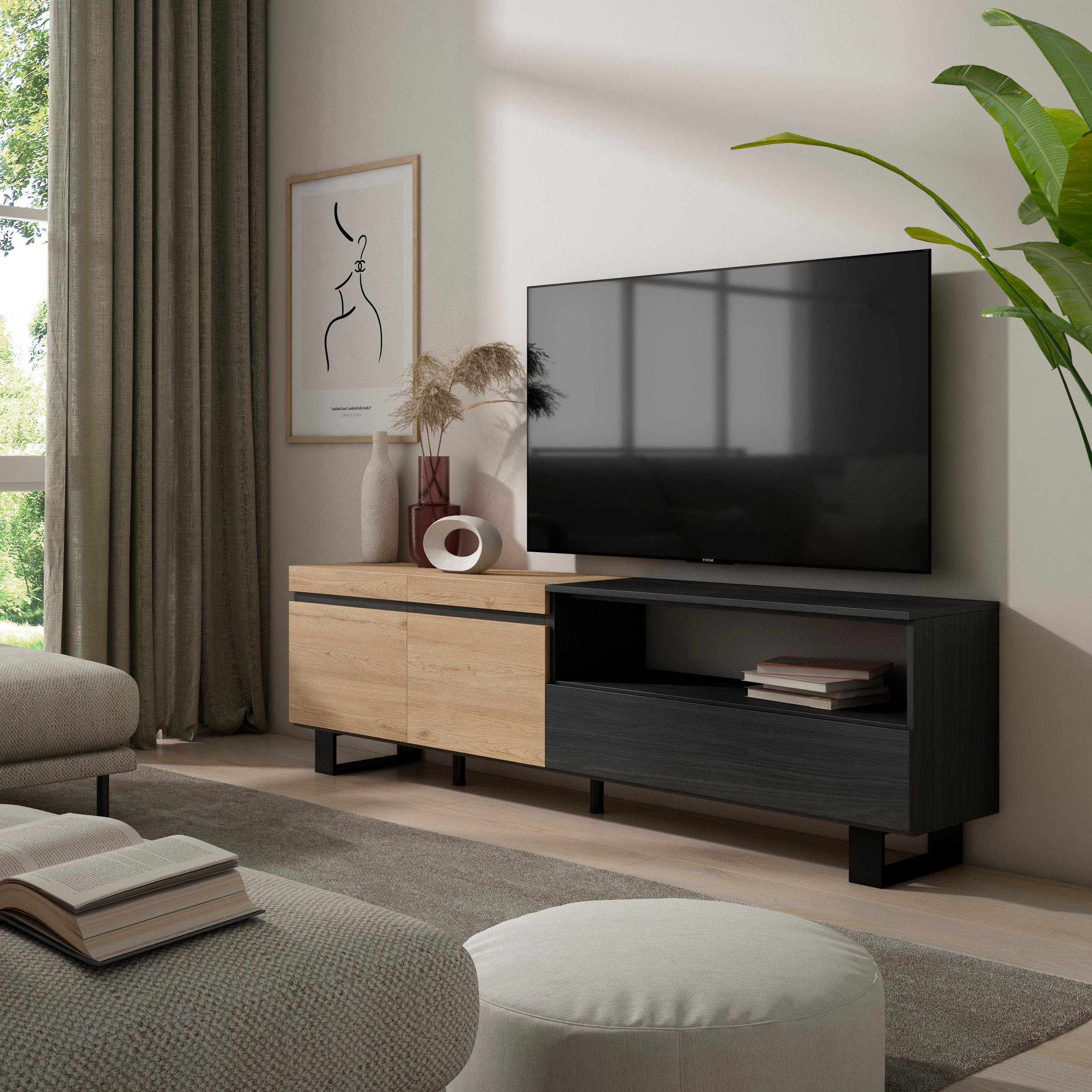foto del prodotto mobile tv, 200x35x57cm, soggiorno, per tv fino a 80"", design industriale, colore rovere e nero rf2263