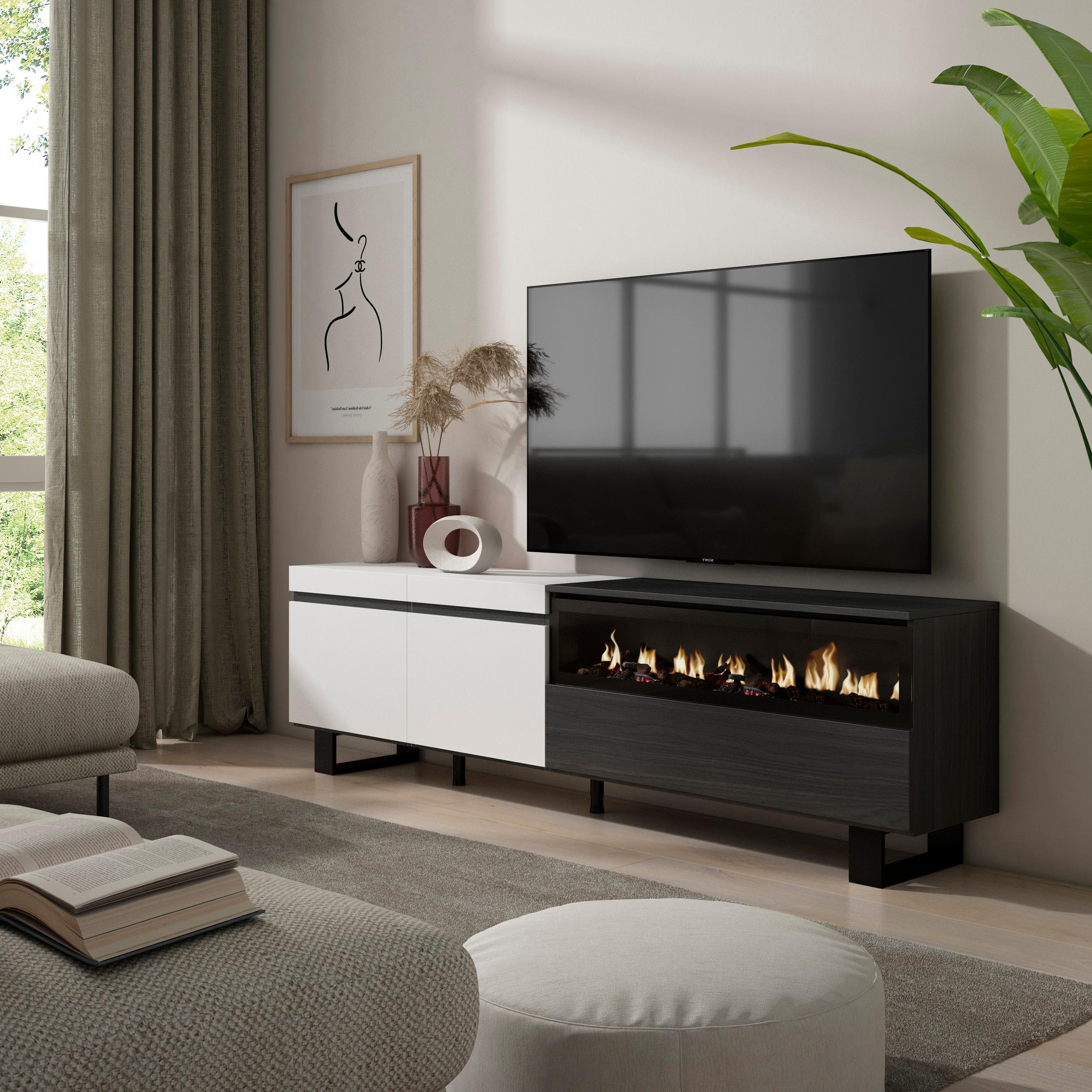 foto del prodotto mobile tv, 200x35x57cm, soggiorno, per tv fino a 80 quot , camino elettrico, design industriale, bianco e nero rf2212