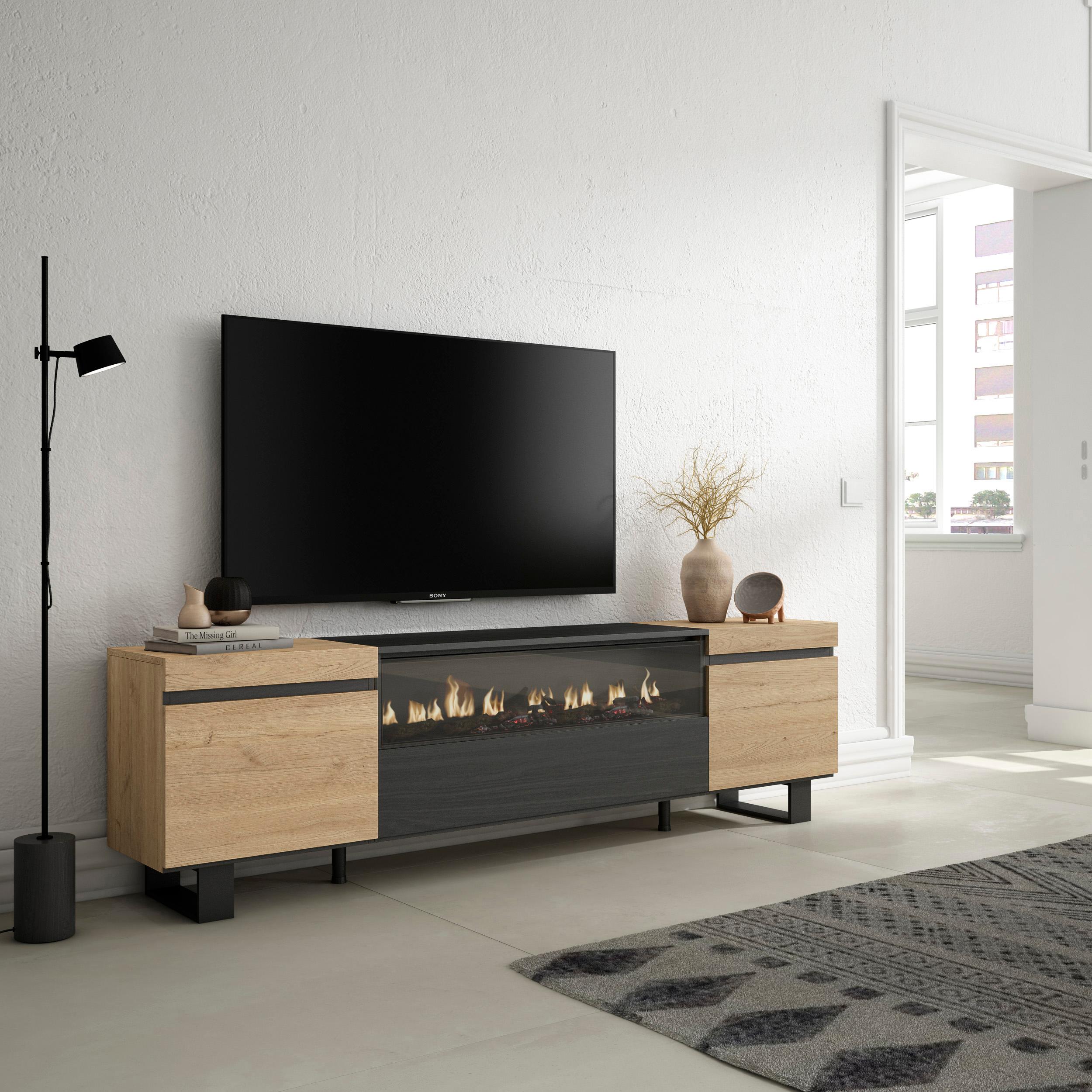 foto del prodotto mobile tv, 200x35x57cm, soggiorno, per tv fino a 80 quot , camino elettrico, design industriale, colore rovere e nero rf2260