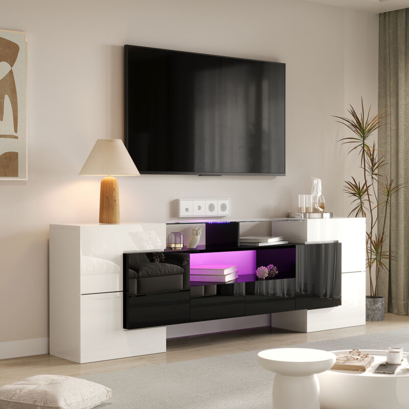 foto del prodotto mobile tv 200x35x60cm con 4 ante, superficie in vetro, pannello basso, con led, truciolare, bianco e nero