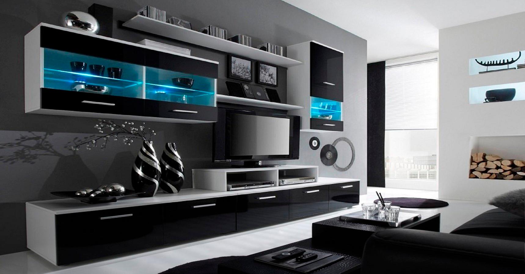 foto del prodotto mobile tv 250x42x194cm parete da soggiorno e pranzo contemporaneo colore bianco mate e nero laccato rf545