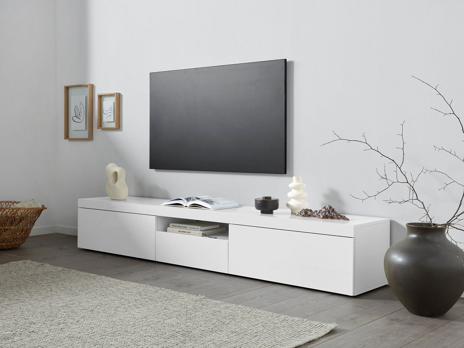 foto del prodotto mobile tv 3 ante e ripiano a giorno 220x40x35 cm essential 2a 1r bianco lucido