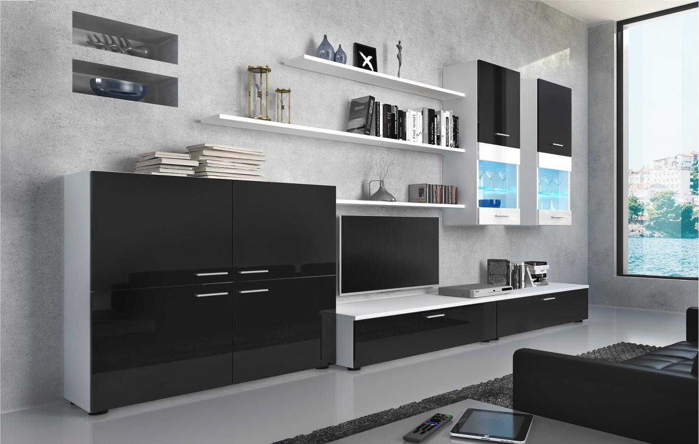 foto del prodotto mobile tv 300x42x189cm parete da sogiorno e pranzo contemporaneo colore nero laccato e bianco mate rf123