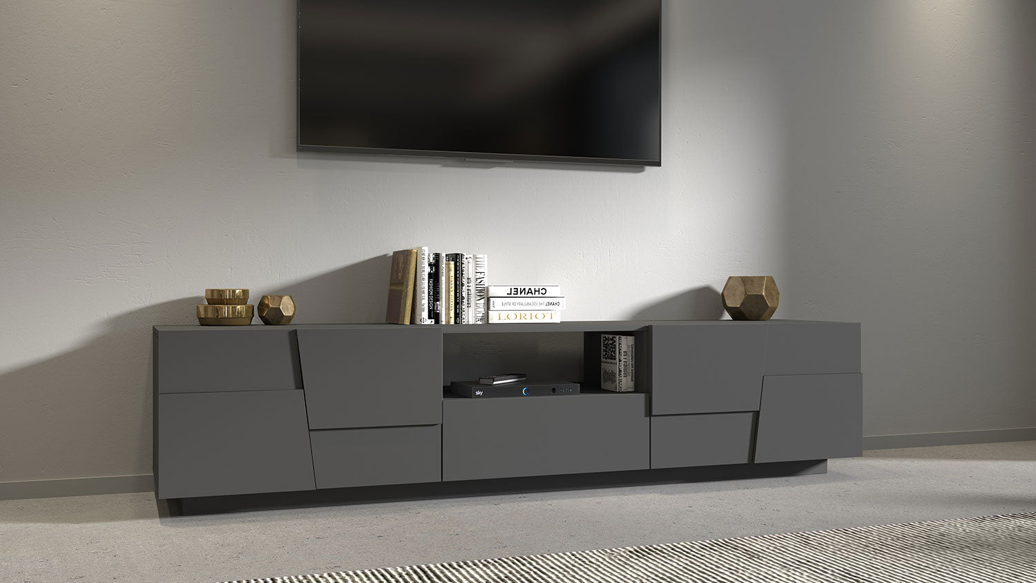 foto del prodotto mobile tv 4 anta 1 cassetto e ripiano a giorno 220x44x46 cm pongo 4a 1c grigio antracite opaco