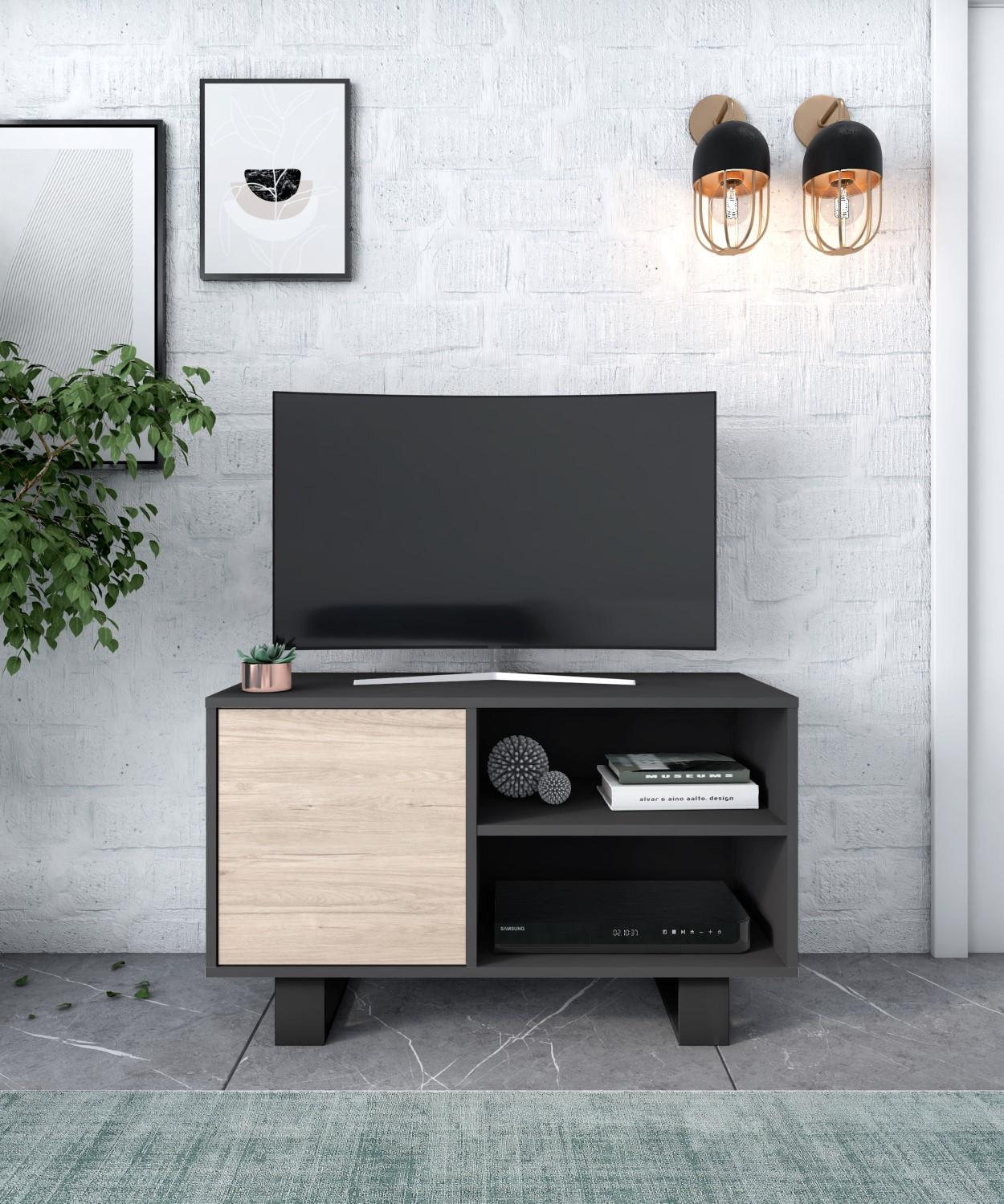 foto del prodotto mobile tv 95x40x57cm soggiorno pranzo con porta a sinistra colore grigio antracite e colore rovere modello wind rf1002