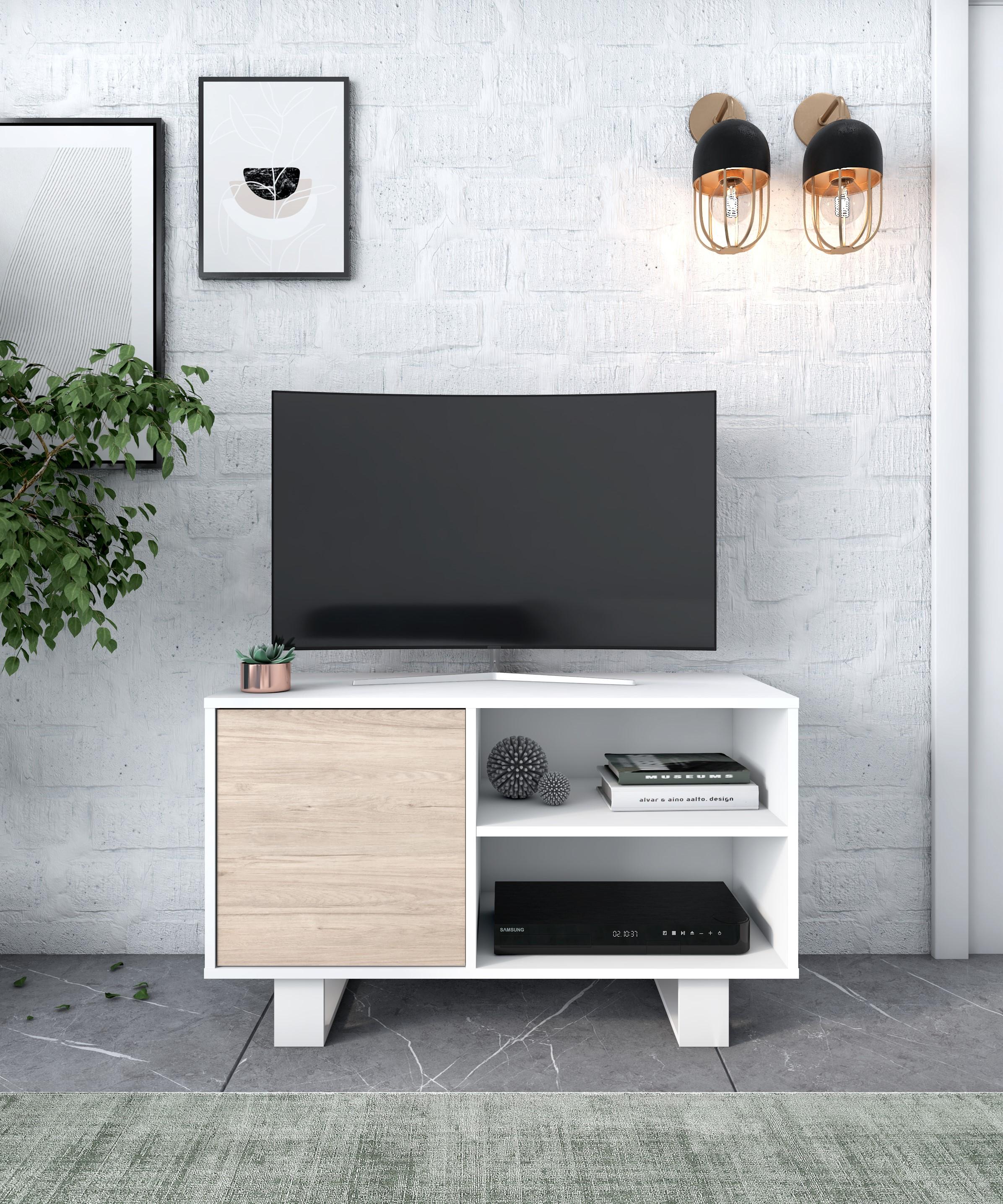 foto del prodotto mobile tv 95x40x57cm soggiorno salotto con porta a sinistra colore bianco e colore rovere modello wind rf1021