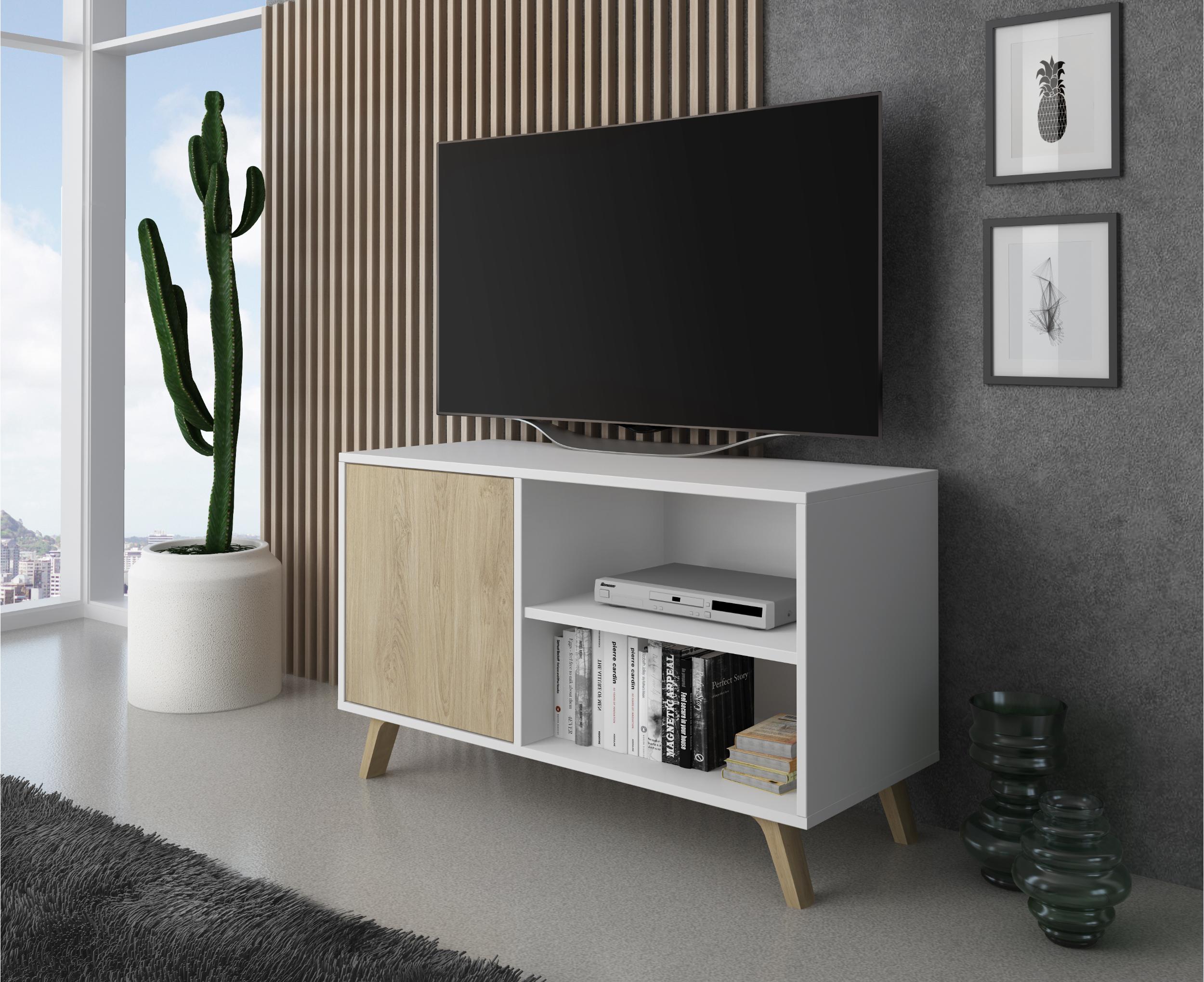 foto del prodotto mobile tv 95x40x57cm soggiorno salotto con porta sinistra colore bianco e rovere modello wind rf614