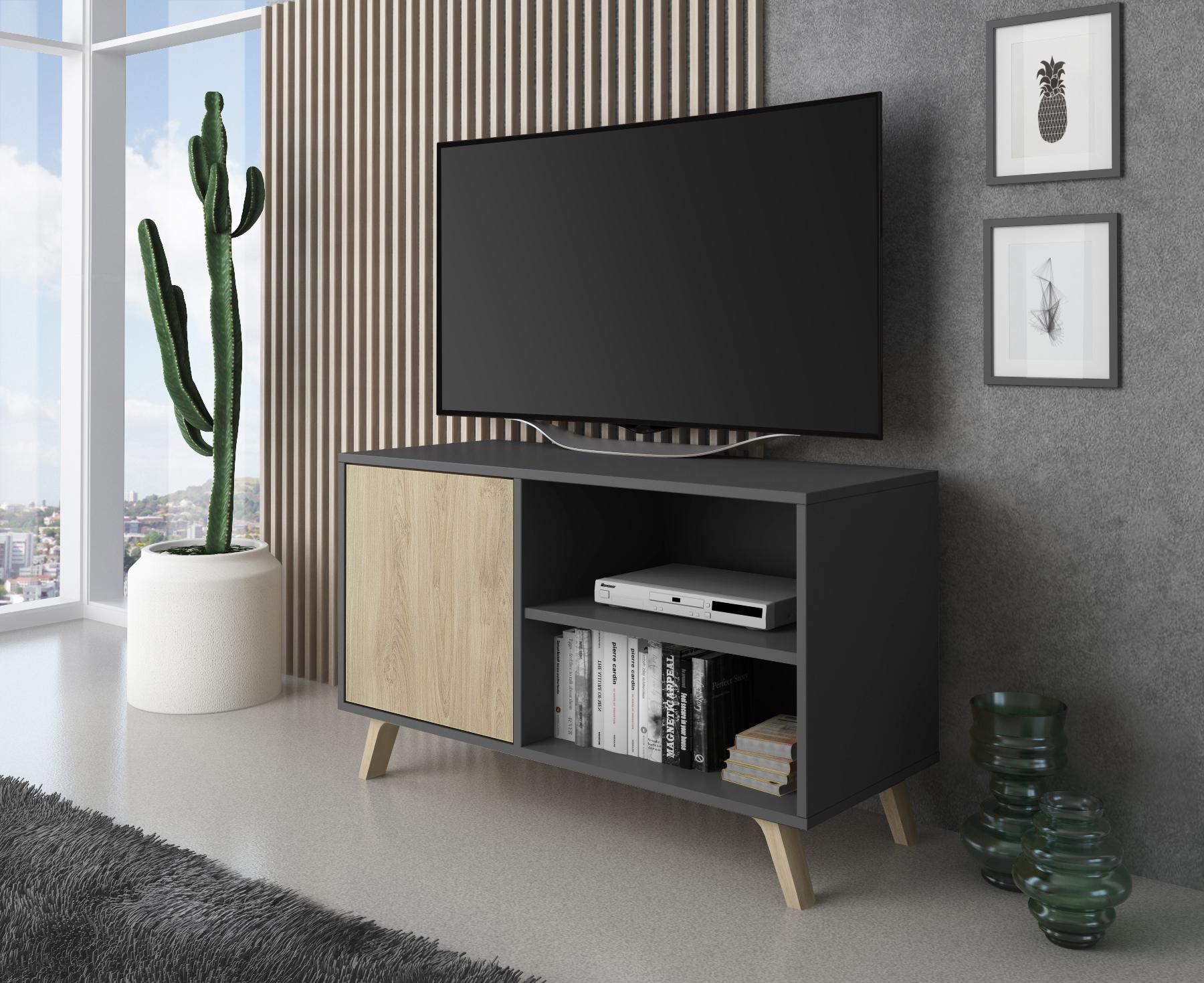 foto del prodotto mobile tv 95x40x57cm soggiorno salotto con porta sinistra colore grigio antracite e rovere modello wind rf612