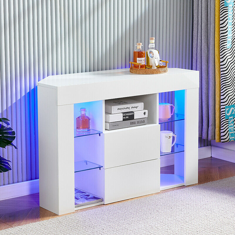 foto del prodotto mobile tv angolare bianco con luce led, mobile moderno, 9 scomparti, credenza per soggiorno con ripiani, frontale lucido 100x40x68 cm