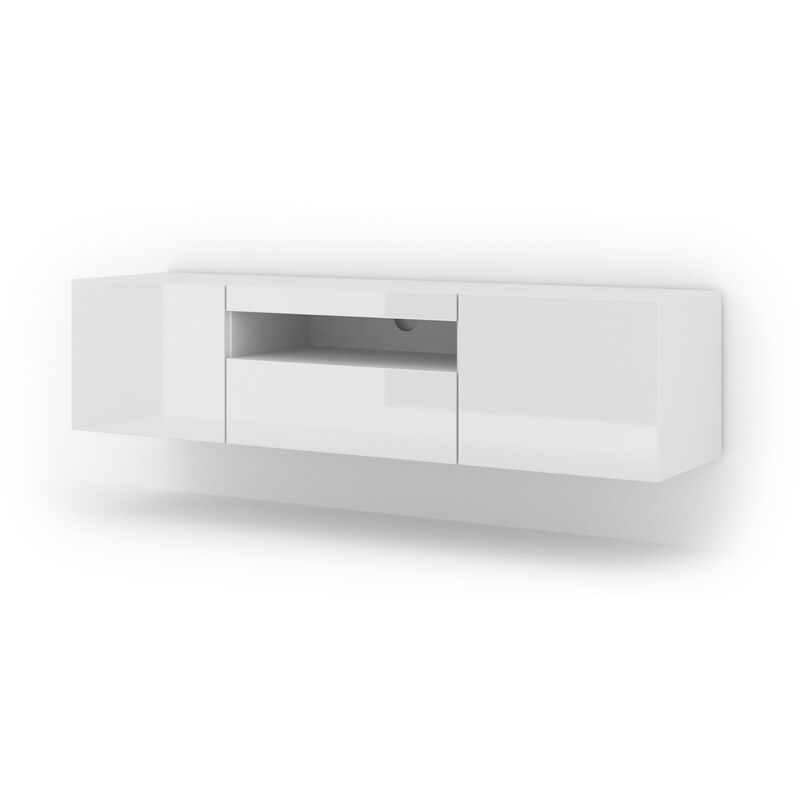 foto del prodotto mobile tv aura 150 cm a parete o a libera installazione in bianco opaco bianco lucido