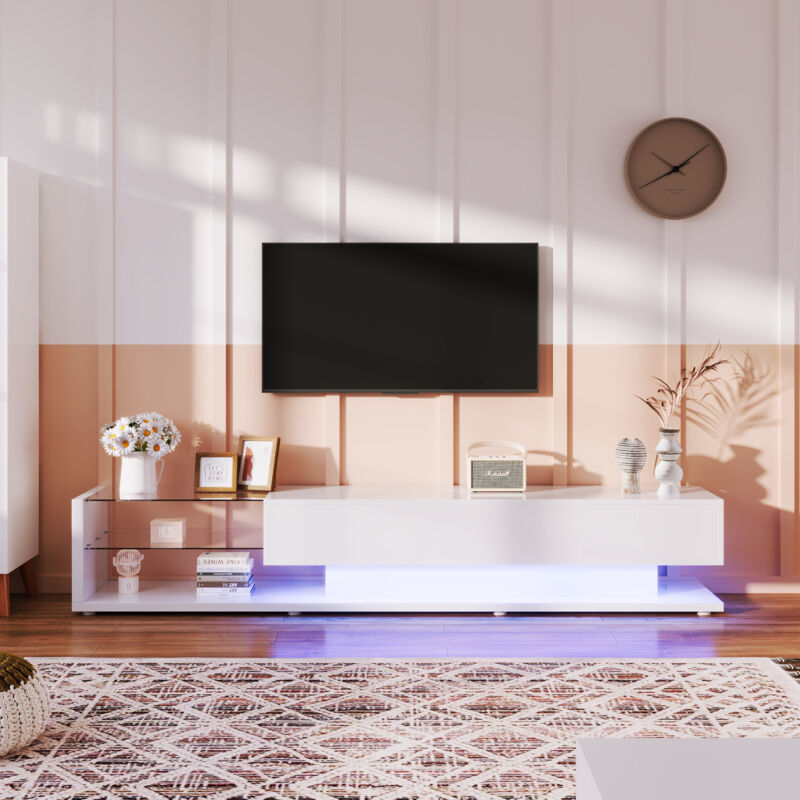 foto del prodotto mobile tv basso bianco, pareti divisorie in vetro e illuminazione led variabile