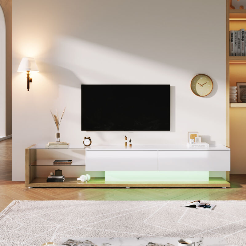 foto del prodotto mobile tv basso in bianco lucido e legno, divisori in vetro e illuminazione led variabile