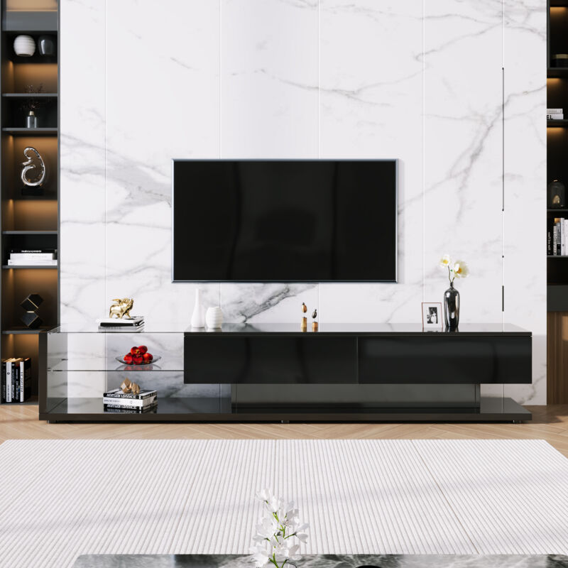 foto del prodotto mobile tv basso nero, divisori in vetro e illuminazione led variabile