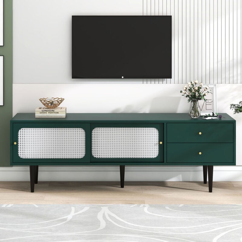 foto del prodotto mobile tv basso verde con 2 ante scorrevoli in rattan e 2 cassetti