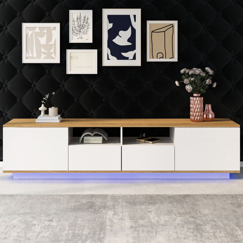 foto del prodotto mobile tv bianco e legno, mobile tv led con 2 vani aperti e 2 cassetti, bianco