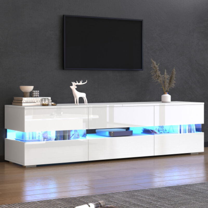 foto del prodotto mobile tv bianco lucido, porta tv con illuminazione a led, 2 ante, 1 cassetto e apertura a pressione, adatto per tv da 70 pollici, 160x39x45 cm