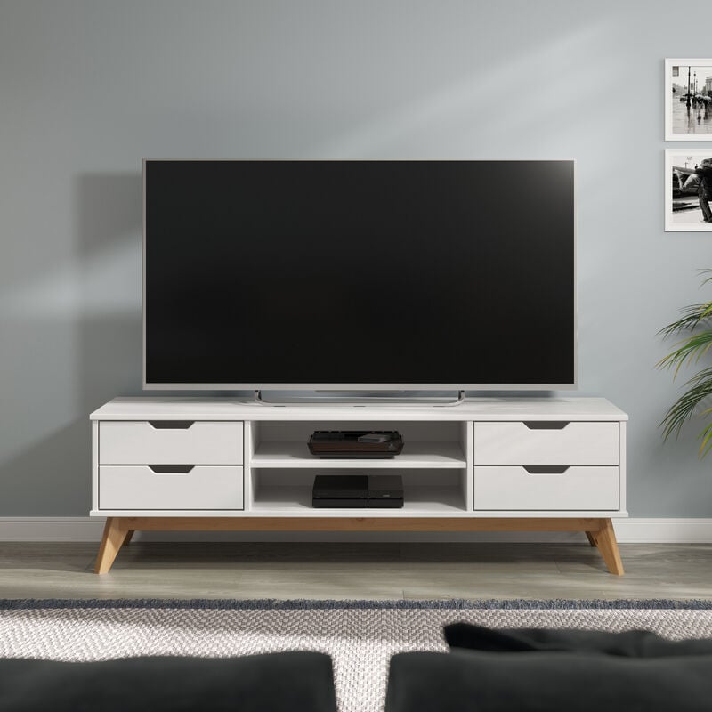 foto del prodotto mobile tv borneo in legno di pino fsc 140x42x40cm 4 cassetti 2 scomparti max. 45kg antiribaltamento tavolo basso per tv soggiorno 140x42x40cm