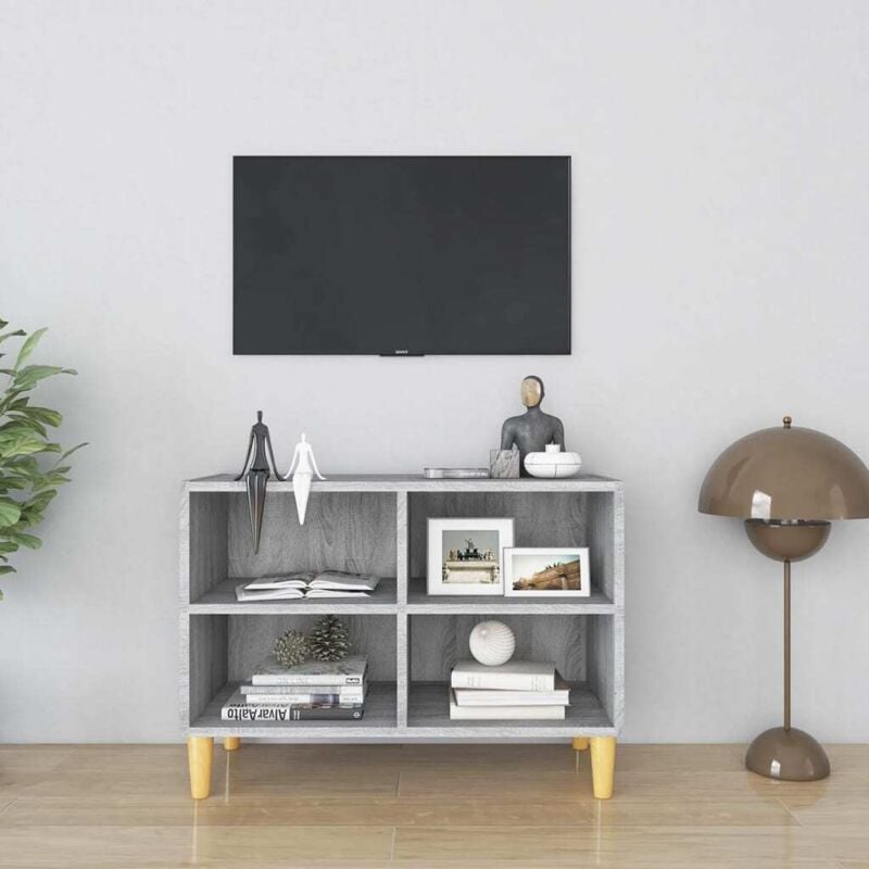 foto del prodotto mobile tv con gambe in legno chiaro dotato di 4 scomparti aperti vari colori colore grigio