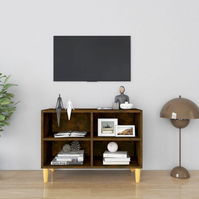 foto del prodotto mobile tv con gambe in legno chiaro dotato di 4 scomparti aperti vari colori colore rovere fumo