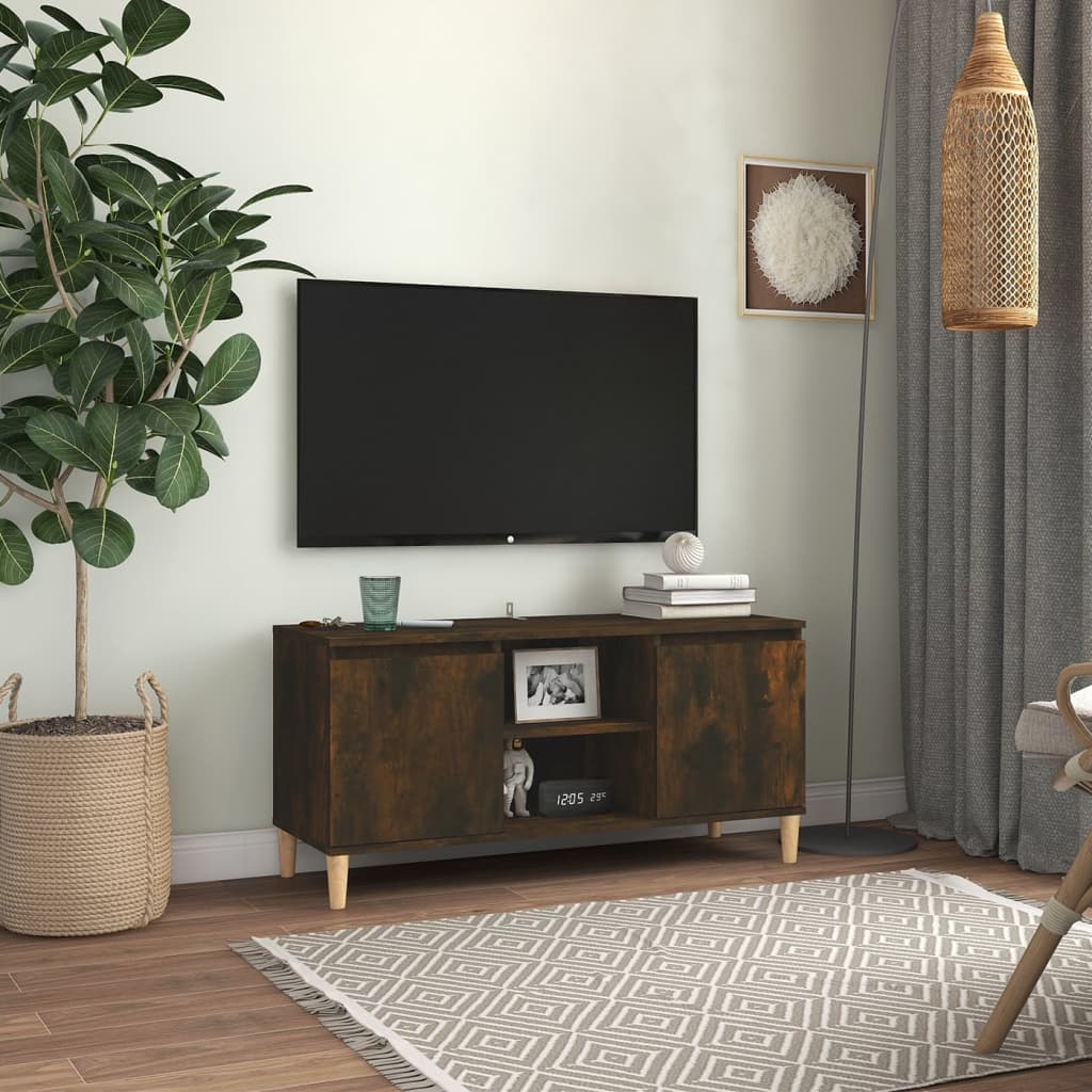 foto del prodotto mobile tv con gambe in legno massello rovere fumo 103,5x35x50cm cod mxl 21096