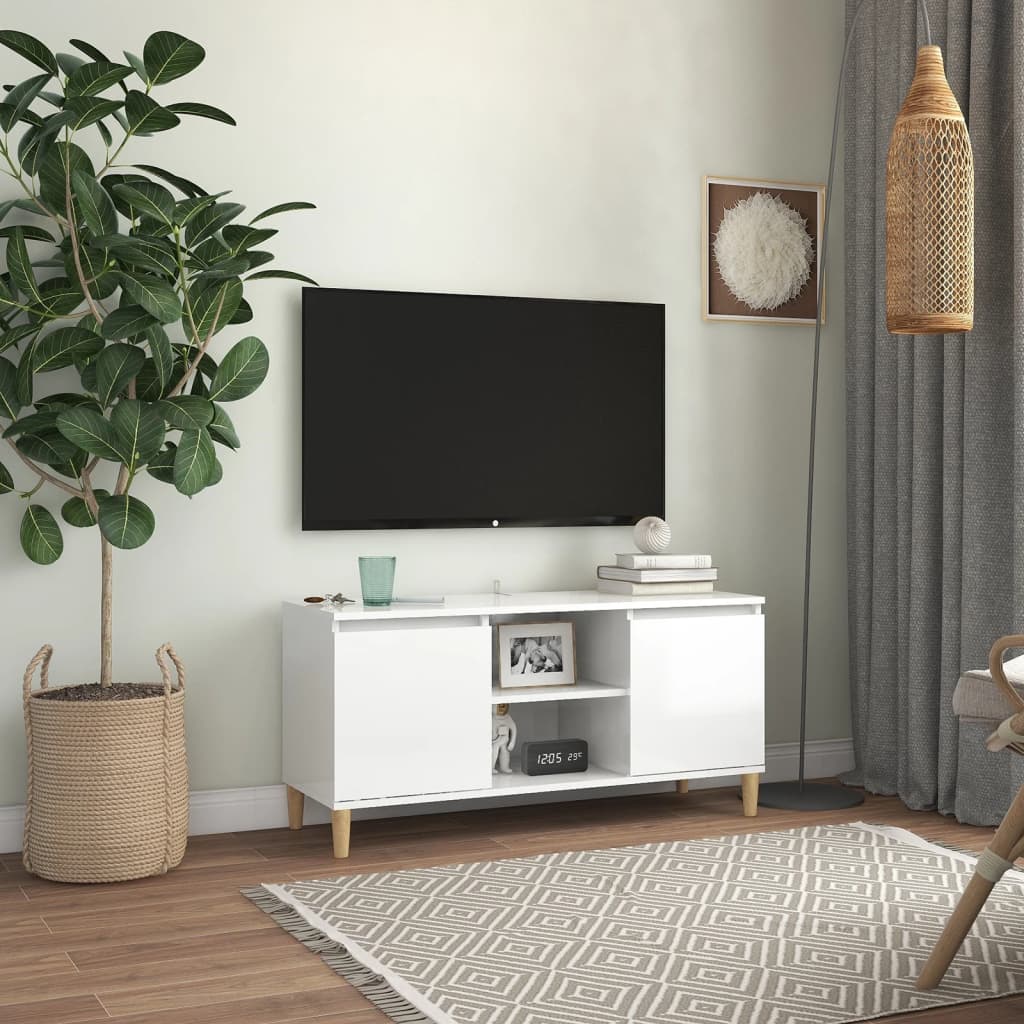 foto del prodotto mobile tv con gambe legno massello bianco lucido 103,5x35x50 cm cod mxl 59903