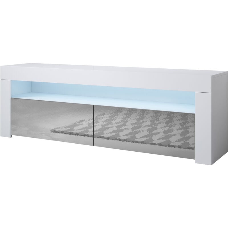 foto del prodotto mobile tv con led mobile da soggiorno porta tv salotto stilo moderno 2 ante 140x50x35cm modello aker bianco e grigio finitura lucida