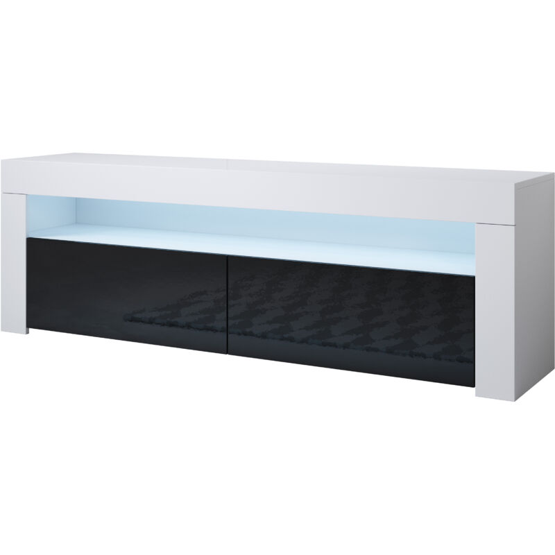 foto del prodotto mobile tv con led mobile da soggiorno porta tv salotto stilo moderno 2 ante 140x50x35cm modello aker bianco e nero finitura lucida