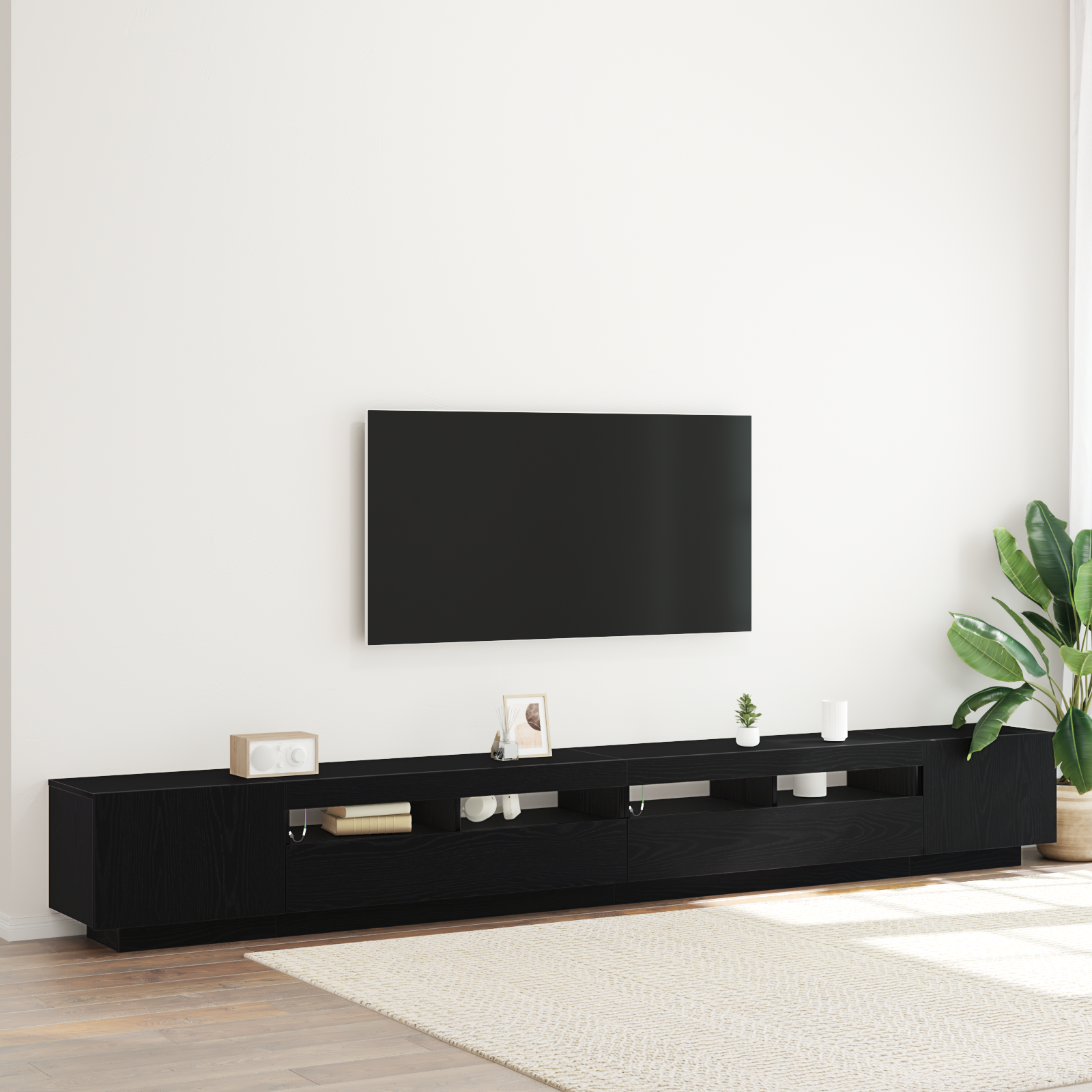 foto del prodotto mobile tv con luci led nero rovere 300x35x40 cm in legno ingegnerizzato