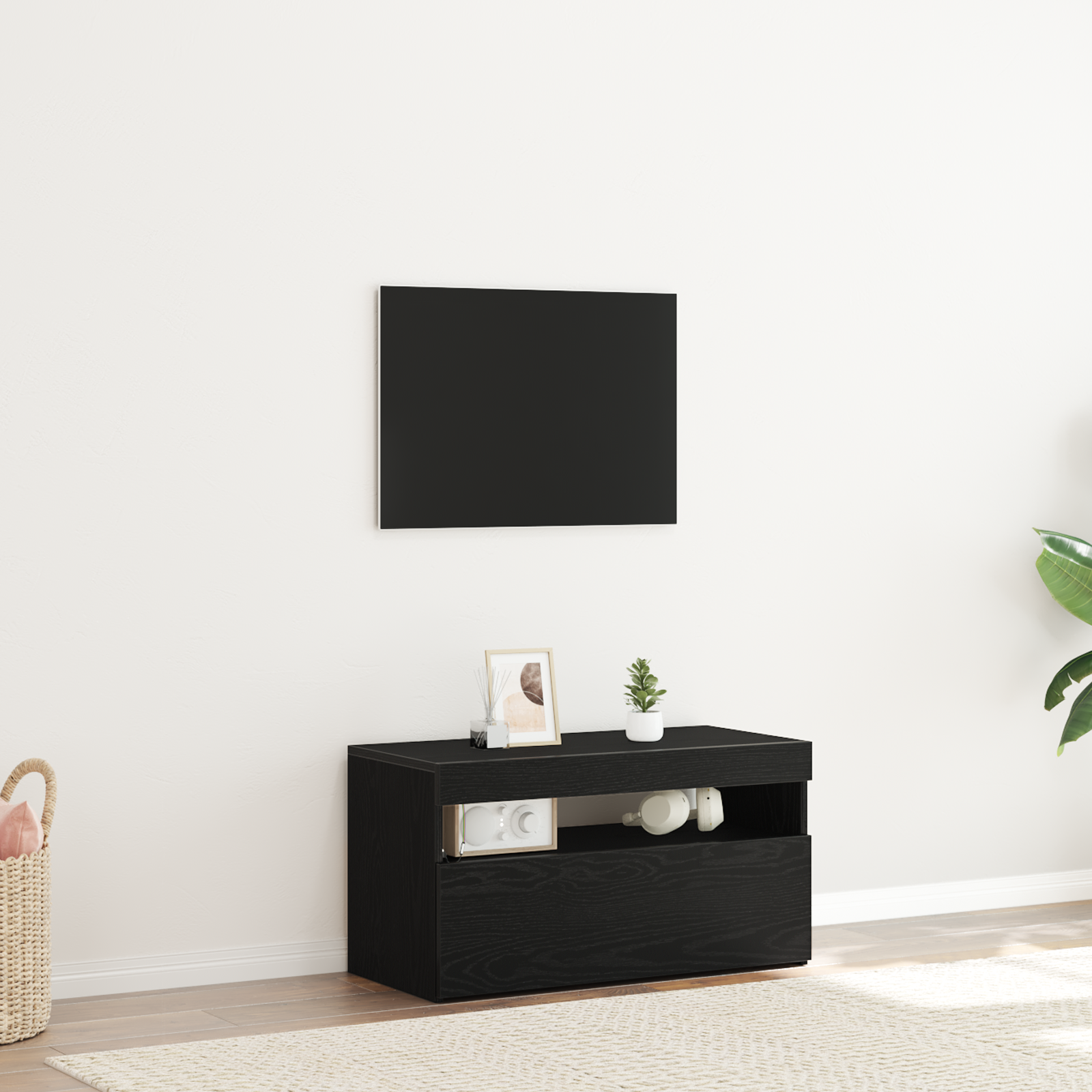 foto del prodotto mobile tv con luci led, nero rovere, 75x35x40 cm, in legno ingegnerizzato