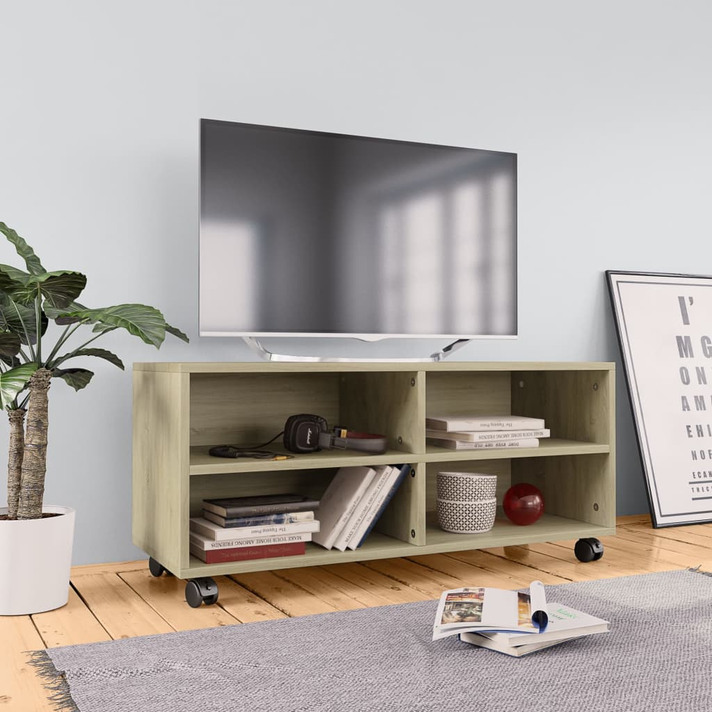 foto del prodotto mobile tv con ruote rovere sonoma 90x35x35 cm in truciolato cod mxl 23998