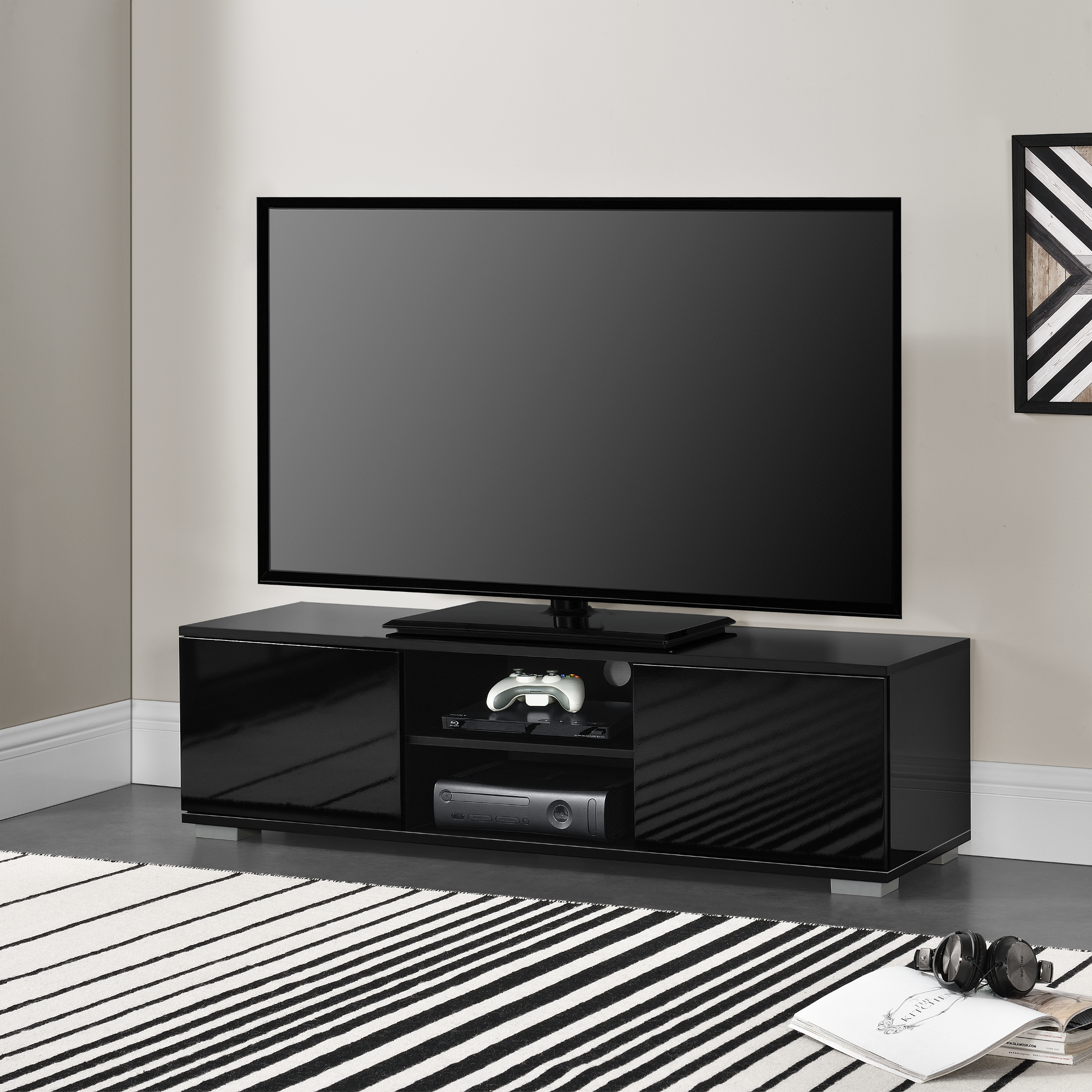 foto del prodotto mobile tv con scomparti chiusi e aperti 34,5 x 120 x 40 cm nero lucido en.casa 