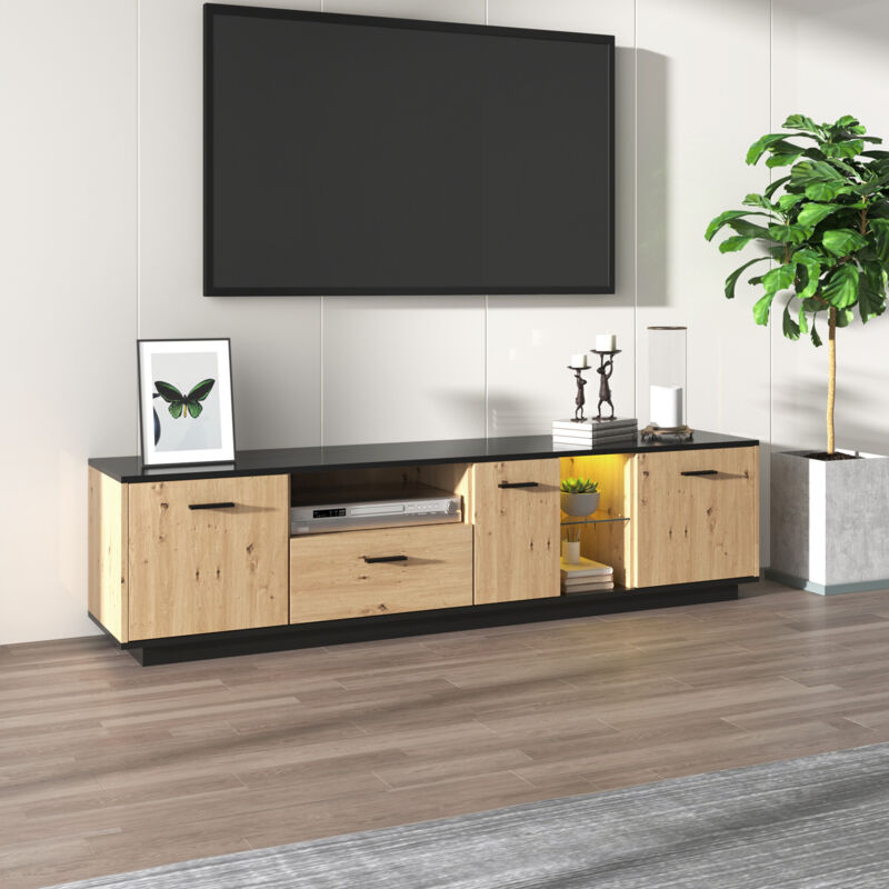 foto del prodotto mobile tv con un cassetto, tre ante, due vani aperti, lampade led 15 variabili, nero e naturale 180x 40x 45 cm
