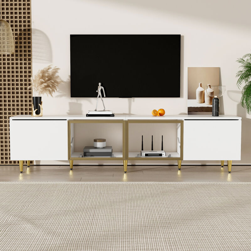 foto del prodotto mobile tv da 170 cm in stile minimalista bianco, indipendente da parete, vetrina a 4 ante 2 ante in vetro , montaggio versatile
