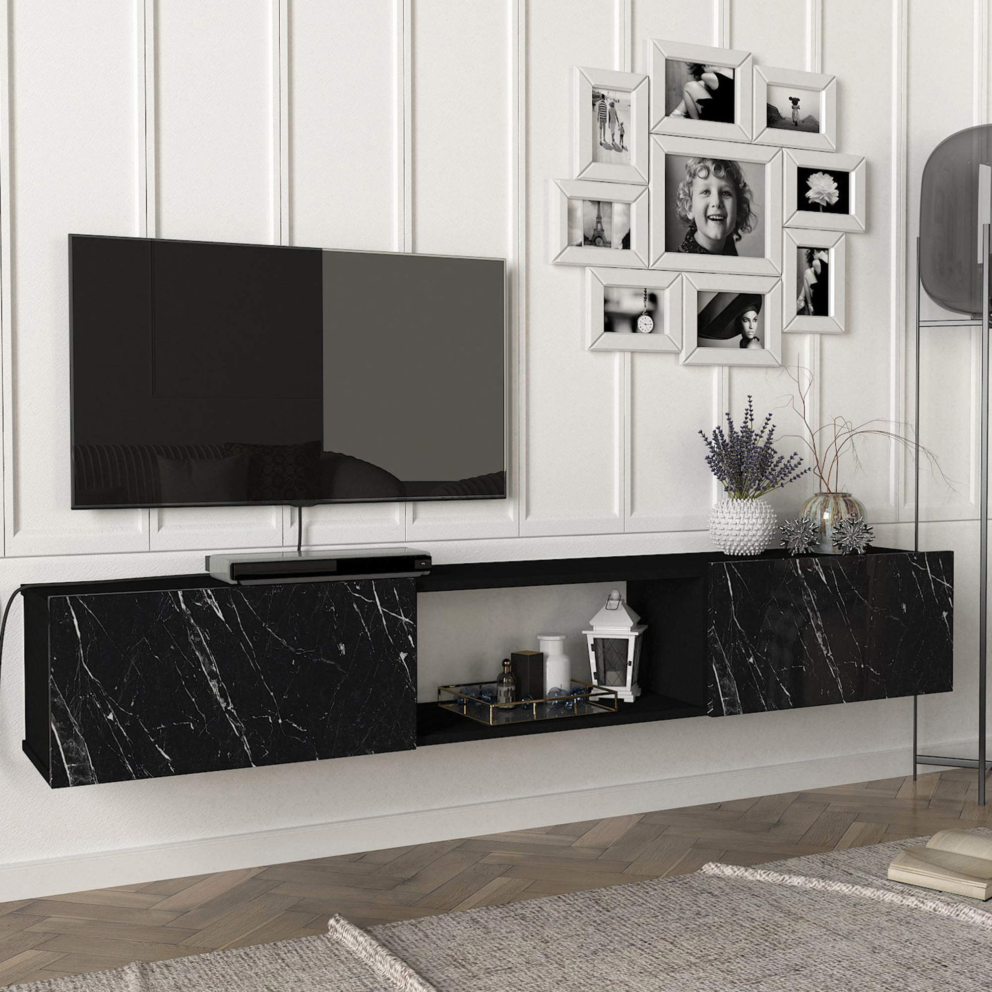 foto del prodotto mobile tv da parete paltamo armadietto pensile con ante a ribalta 180 x 31 x 29,5 cm effetto marmo nero en.casa 