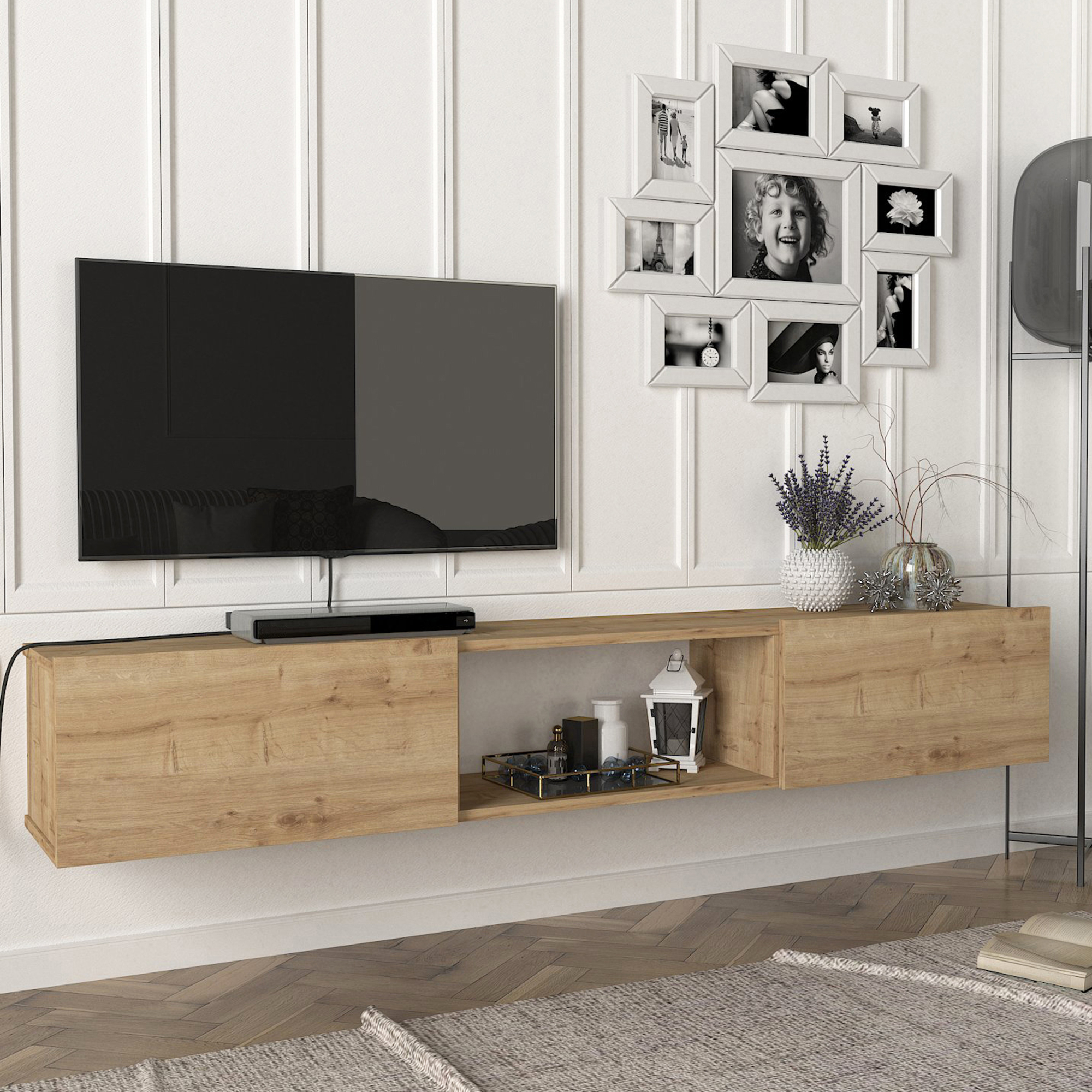 foto del prodotto mobile tv da parete paltamo armadietto pensile con ante a ribalta 180 x 31 x 29,5 cm effetto rovere en.casa 