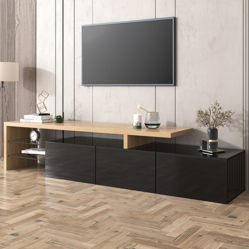 foto del prodotto mobile tv dal design moderno eleganza elegante, pratico spazio di archiviazione, nero lucido, aspetto legno, ripiani in vetro, illuminazione a led.