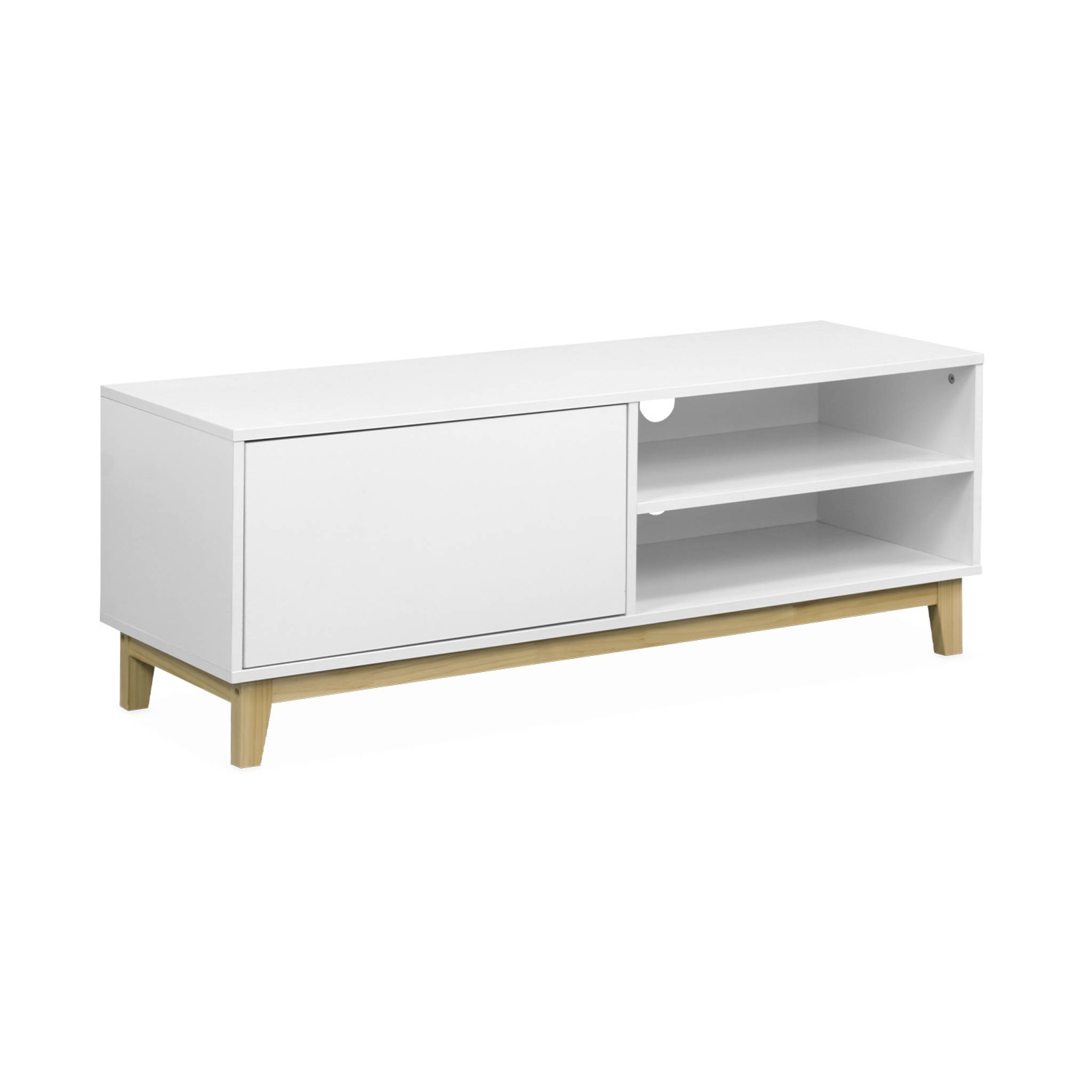 foto del prodotto mobile tv effetto legno con gambe in legno e 1 cassetto, 120cm, bianco