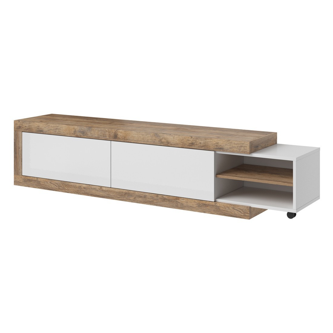 foto del prodotto mobile tv estensibile da 200 a 240 cm di colore rovere e bianco lucido, collezione sinatra.