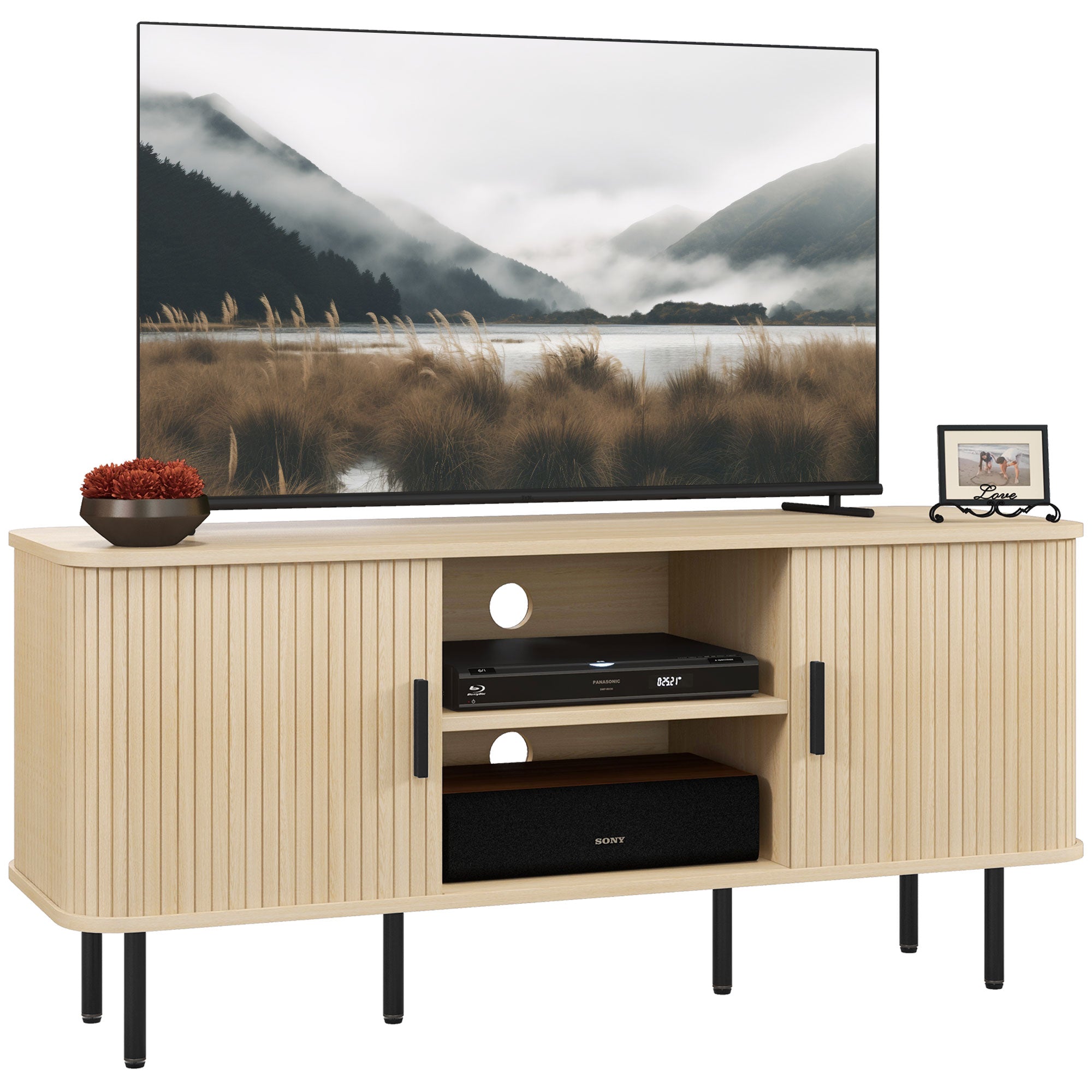 foto del prodotto mobile tv fino 55 quot 2 armadietti e 2 ripiani 120x40x55 cm in legno canettato rovere e nero