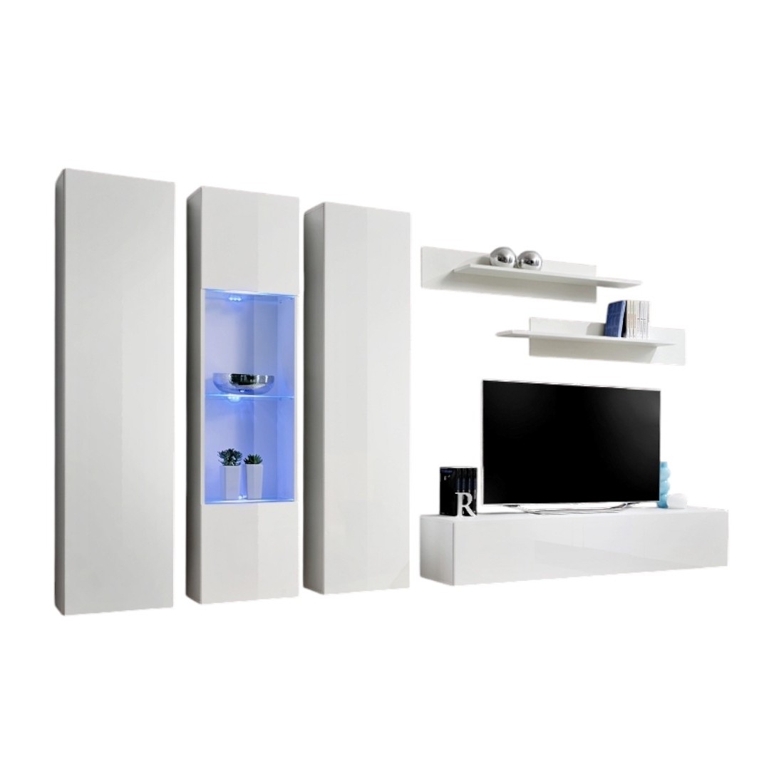 foto del prodotto mobile tv fly c4 design, colore bianco lucido. mobile sospeso moderno e alla moda per il tuo soggiorno.